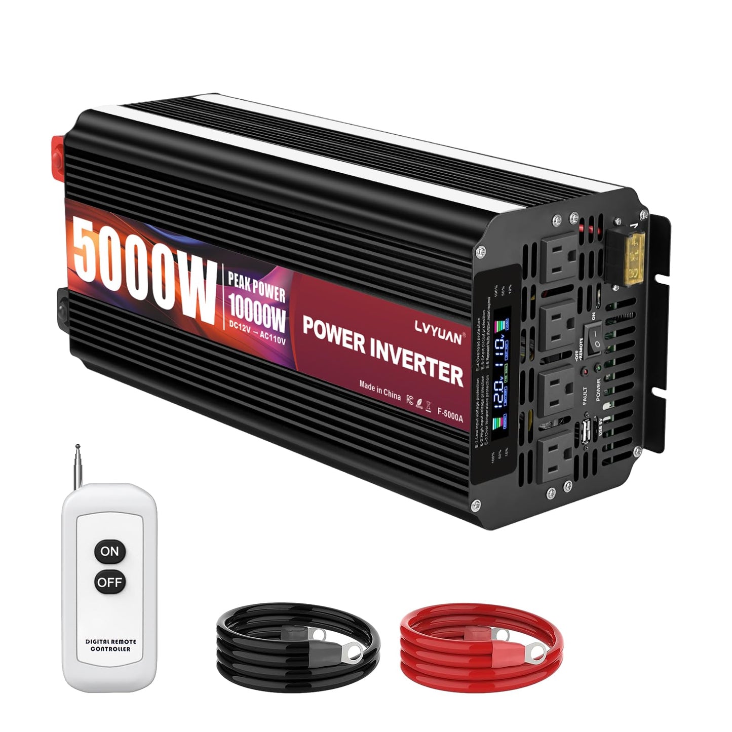 LVYUAN 5000 Watt Power Inverter 12V to 110V 120V with 4 AC Outlets, LCD Display, Wireless Remote Control for Vehicle, Solar System, Heavy Duty, RV, Truck, Off Grid, Camping