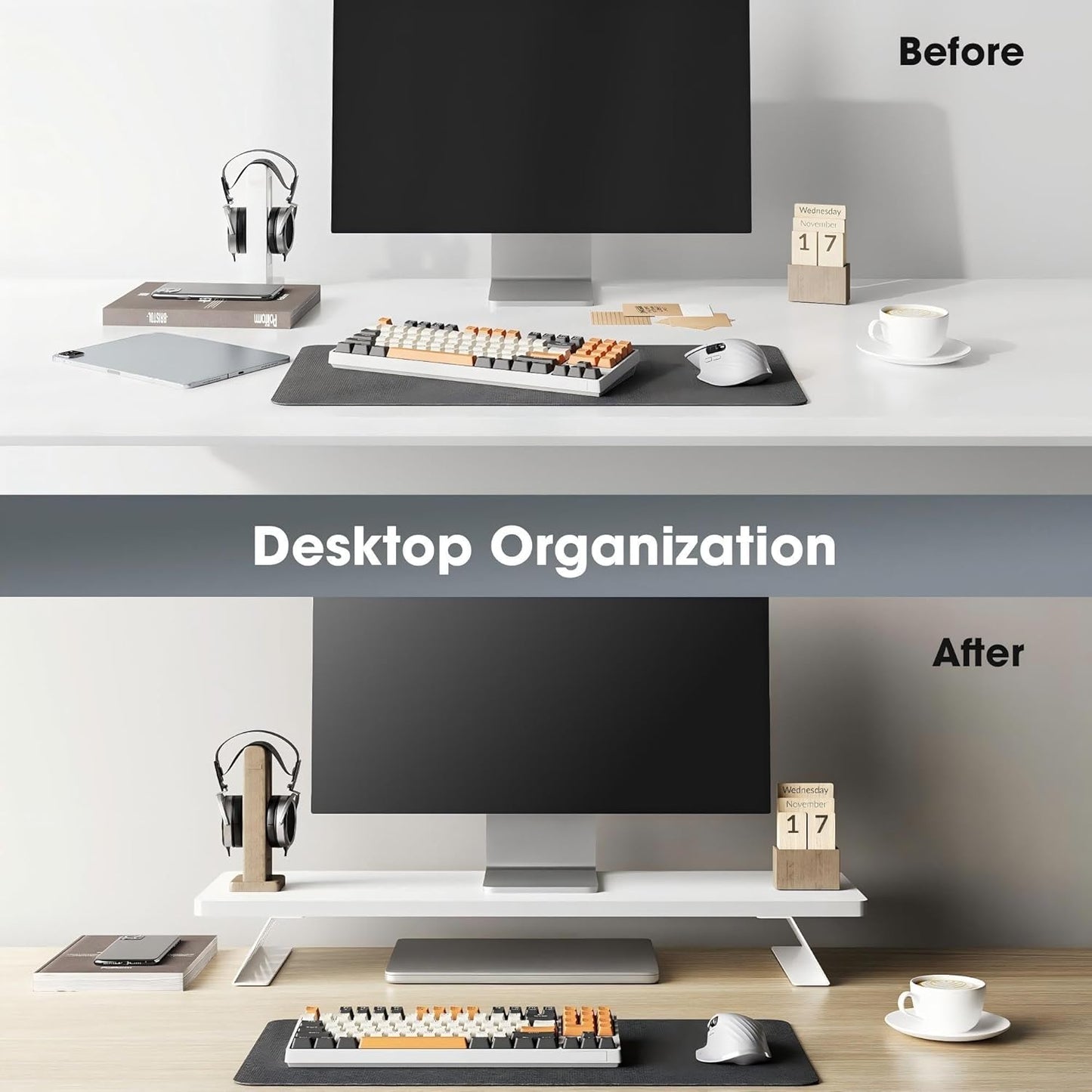 2 Fenge Monitor Stand Riser, Desk Top Shelf for Monitors, Computer Stands for Desk, Wood & Steel Desktop Riser