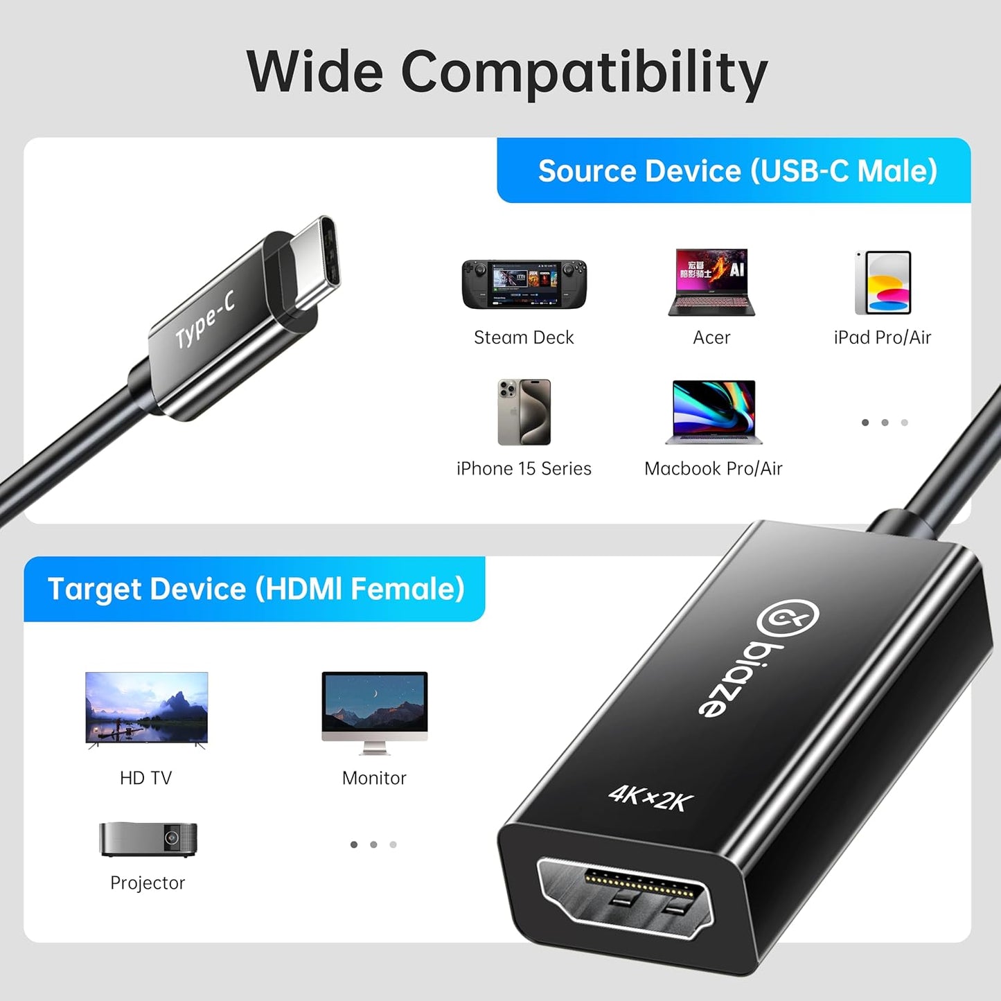 biaze 4K@60Hz, M1/M2, 15/14, USB C to HDMI Adapter Type-C Thunderbolt with Dynamic HDR, Compatible with MacBook Pro/Air