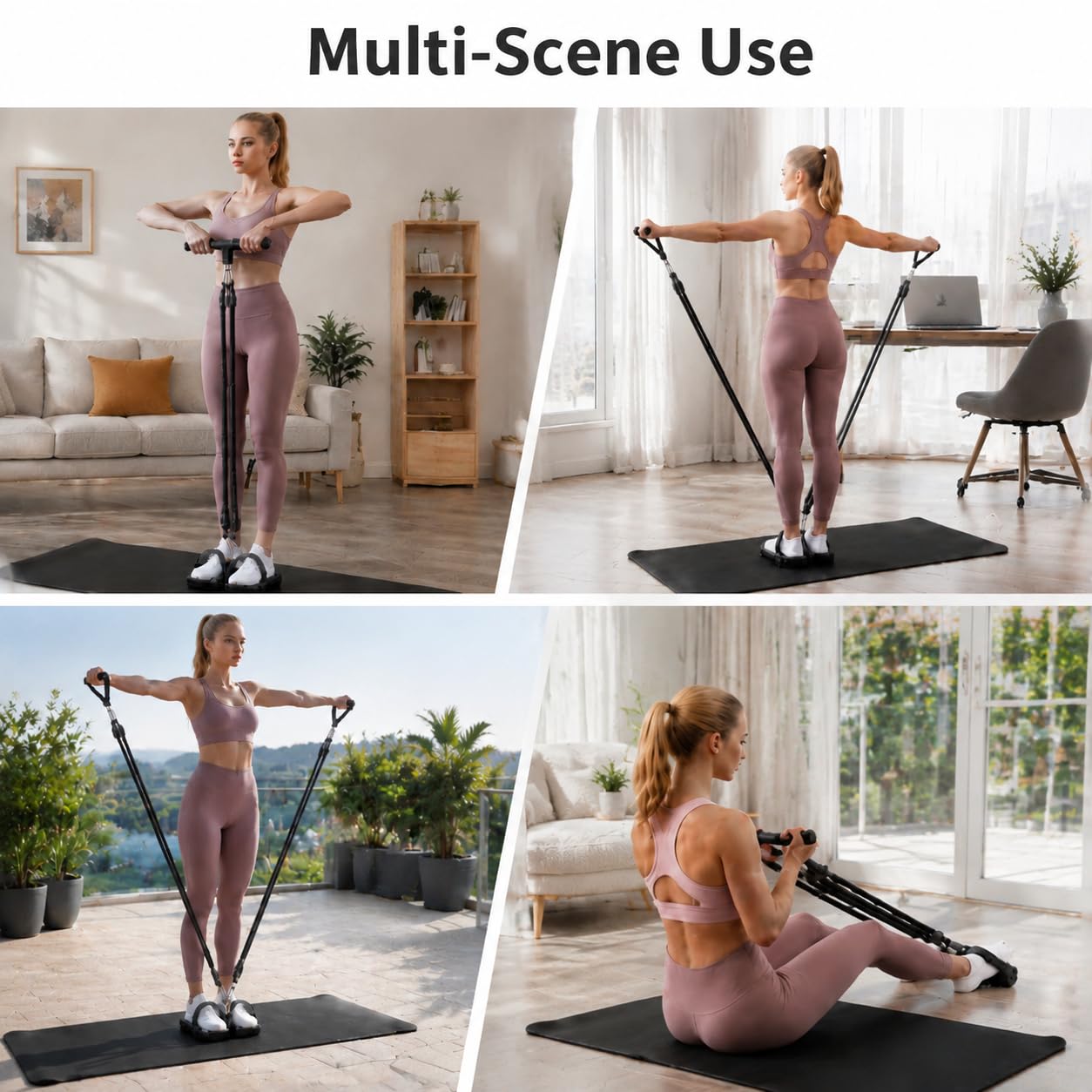 100LB Pedal Resistance Band with Handle, Portable Adjustable Tension Rope, Heavy Duty 4-Tube Full Body Exercise Equipment Set for Home Workout