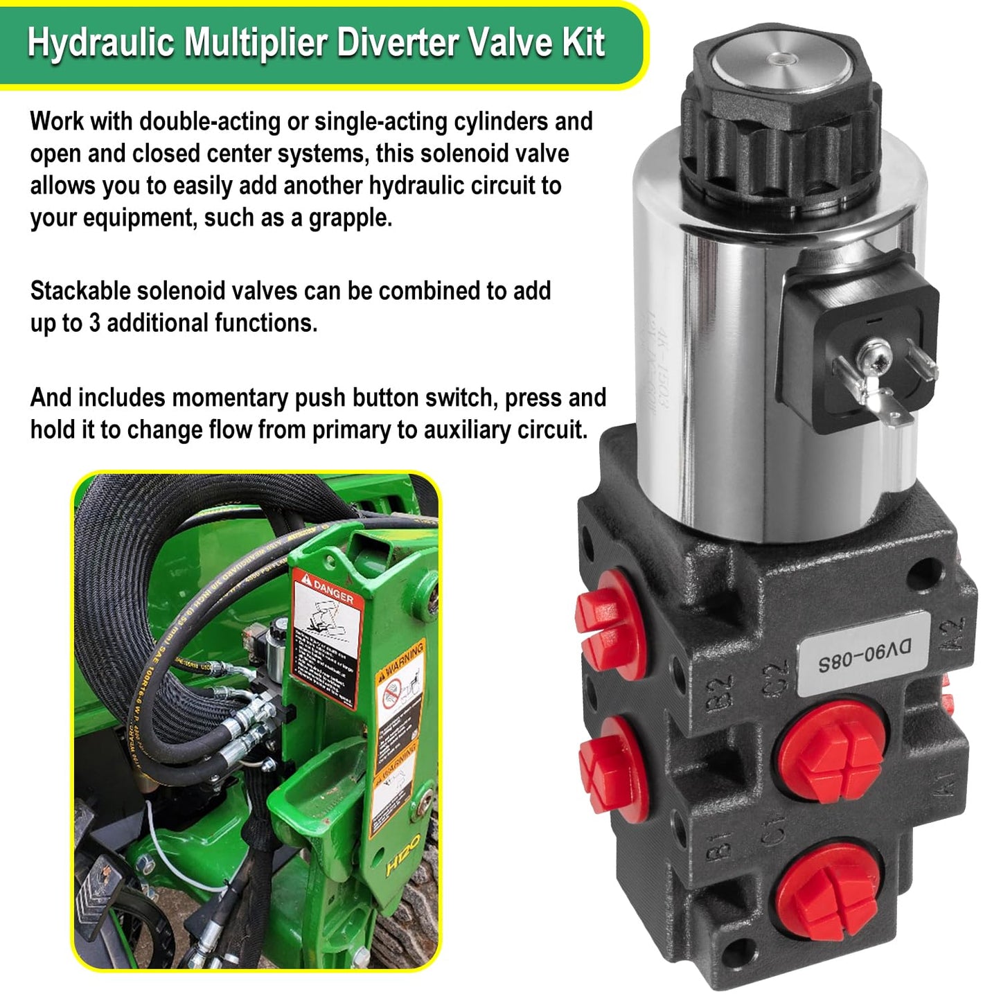 24 GPM Hydraulic Multiplier Diverter Selector Solenoid Valve, 6 Port, 3625 Max PSI, 12VDC, with Switch, Extension Harness, Ag Coupler Adapters For Most Tractors, Up To 3 Additional Functions