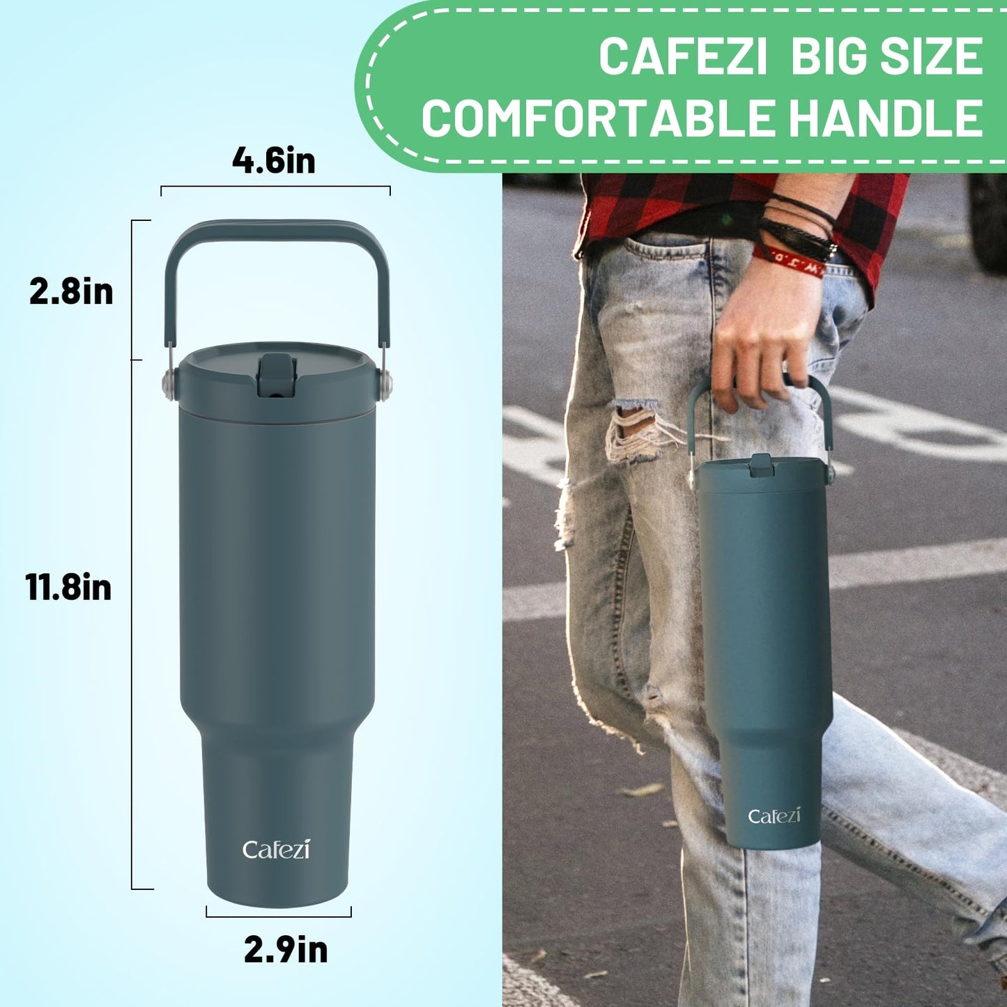 Cafezi 50 oz Insulated Tumbler with Straw, Stainless Steel Water Bottles with Flip Straw and Top Handle, Leak Proof Flip, No Sweat, Fits in Cup Holder, Vacuum Insulated Cup for Home, Outdoors, Car