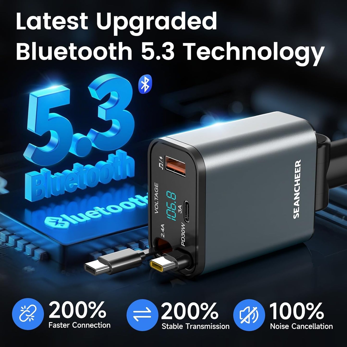 SEANCHEER 69W 2 5.3 MP3 Car Bluetooth Adapter & Car Charger USB C, Cigarette Lighter Adapter with Retractable Cables