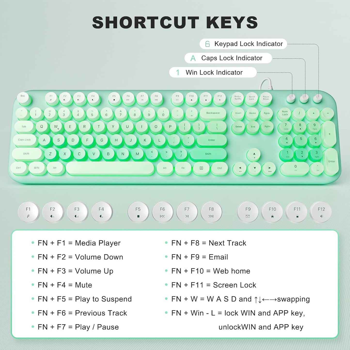 MOWUX Computer Keyboard Wired, Plug and Play USB Retro Round Typewriter Keyboard, Full Size Wired Keyboard