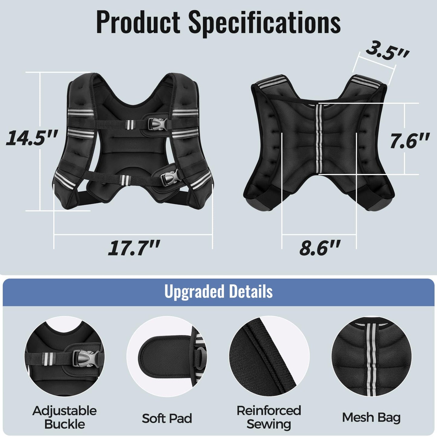 Zeerun Weighted Vest for Women & Men with Reflective Stripe and Adjustable Buckle, Comfortable & Durable Rucking Vest for Walking, Running & Strength Training, 15LBS-Black