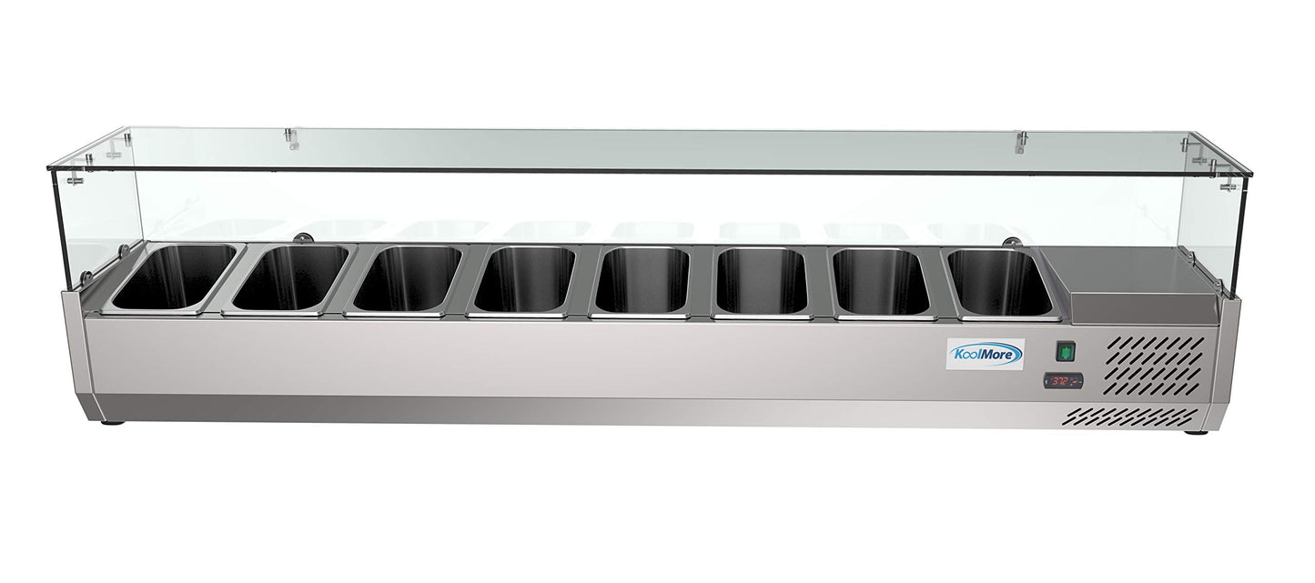 KoolMore SDC-8P-SG Condiment Prep Rail Station with Sneeze Guard, 71 Inch, Silver