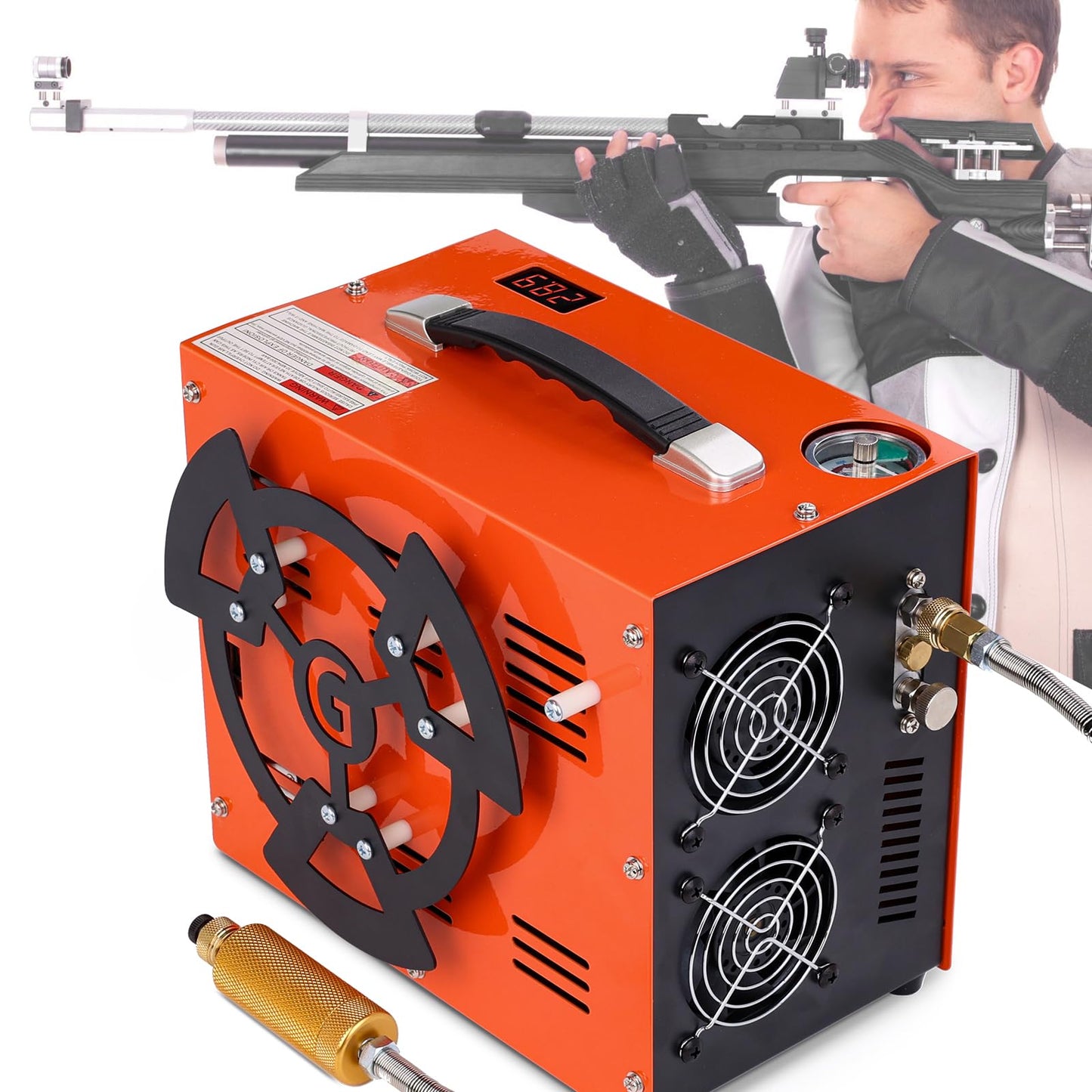 PCP Air Compressor, 4500 PSI / 30 MPa, 350W Motor, Auto Stop, Built-in Adapter, 12V DC or 110V / 220V AC Power, Portable Water/Oil-Free Pump for Paintball, Air Rifle, Airguns, HPA Tanks, Orange