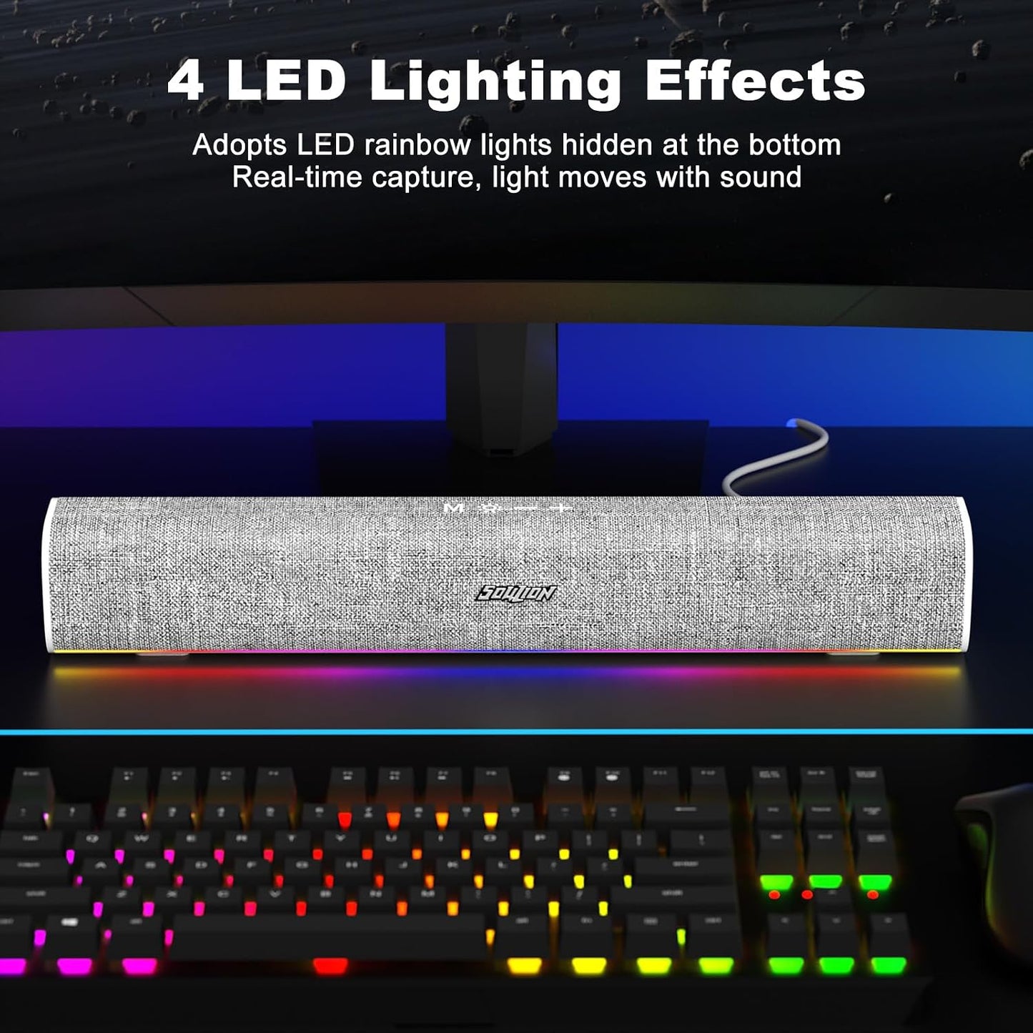 SOULION R100 Bluetooth Computer Speakers with Dynamic LED Light, USB Plug & Play PC Speakers with Switch Button