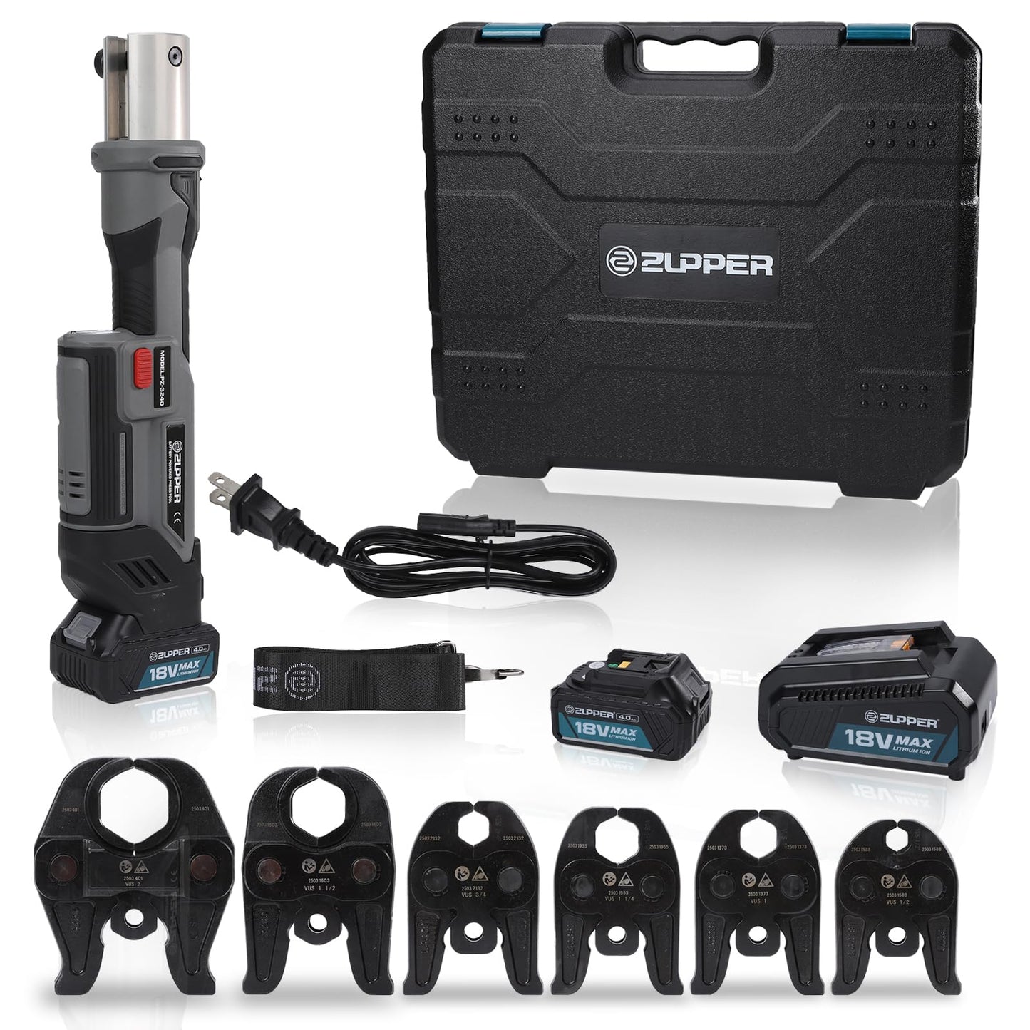 ZUPPER Standard Press Tool,18V Electric Crimping Tool for Copper Pipe with 6 Press Jaws 1/2” to 2” Compatible with Propress Fittings Hydraulically Pressing Tool Set with 2pcs 4Ah Battery