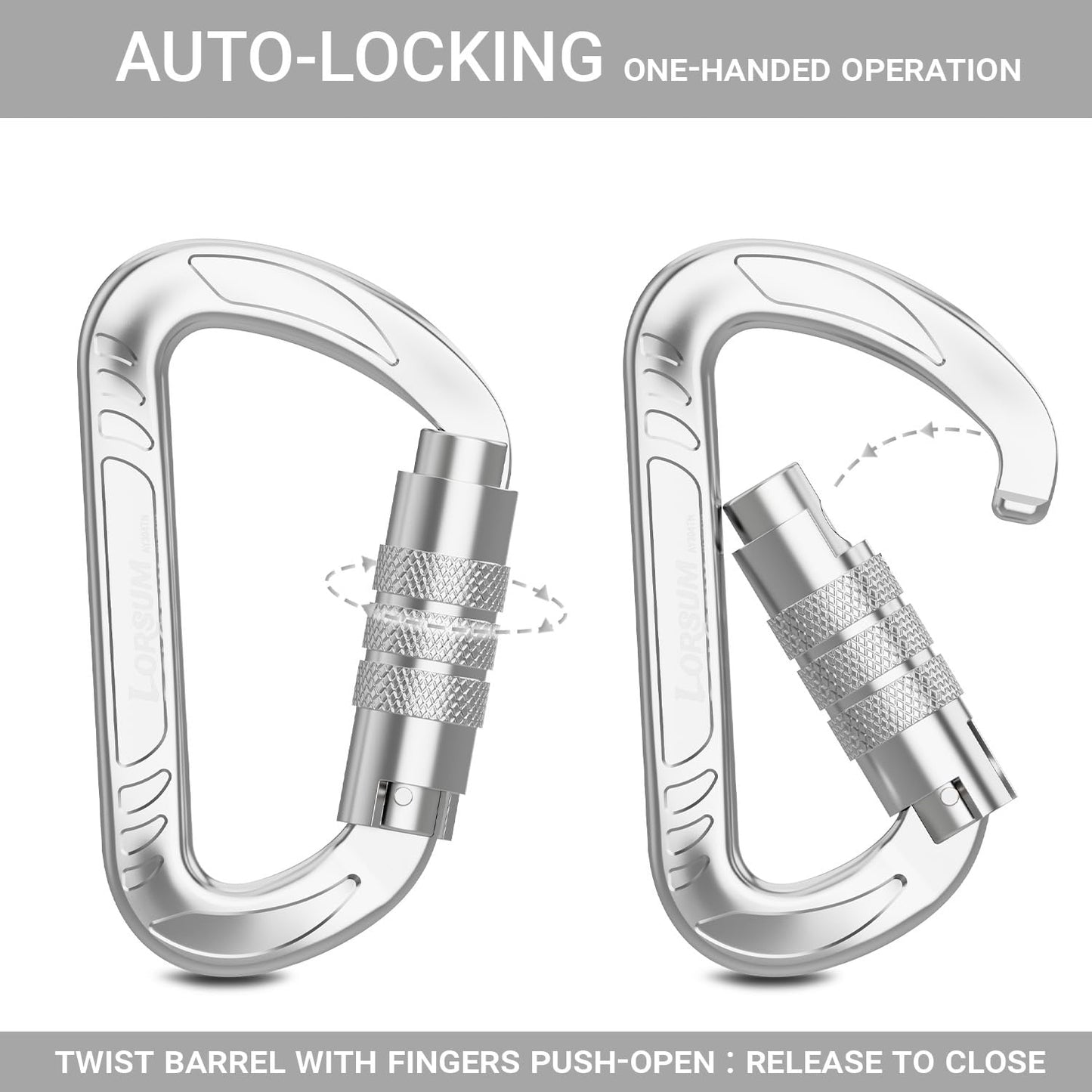 3inch Auto Locking Carabiner Clips Heavy Duty, 12KN /2697lbs Lightweight keychain carabiners, Sturdy Twist Lock Caribeeners for Camping Hiking Hammock Swing Backpack, dog leash and Harness etc, Sliver