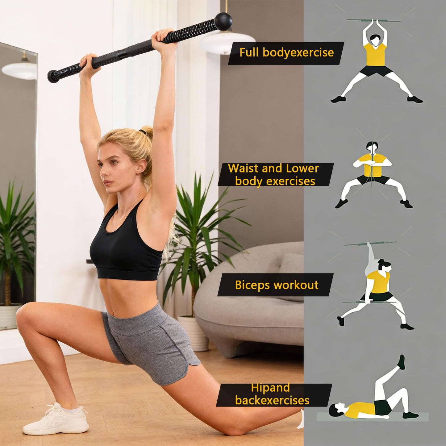 Fitness Exercise Bar, 2in1 Functional Shoulder Exercise Equipment, Workout Bar Elastic Fitness Stick for Pilates Sports Arm Muscles Strength (Black)