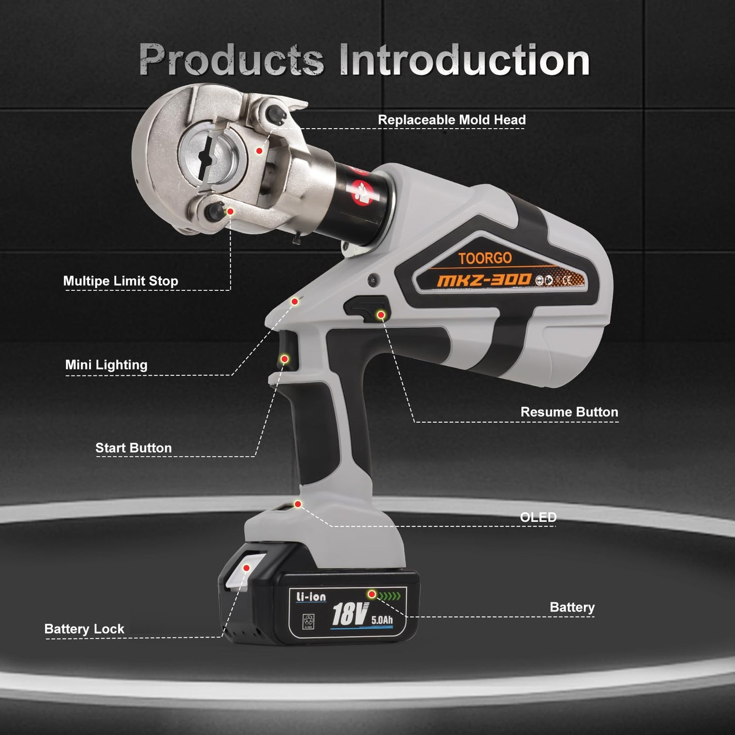 TOORGO Electric Cable Lug Crimper, Battery Powered Hydraulic Crimping Tool with 12 Dies, 6 Ton 8 AWG to 600 MCM Electric Wire Plier, Grey
