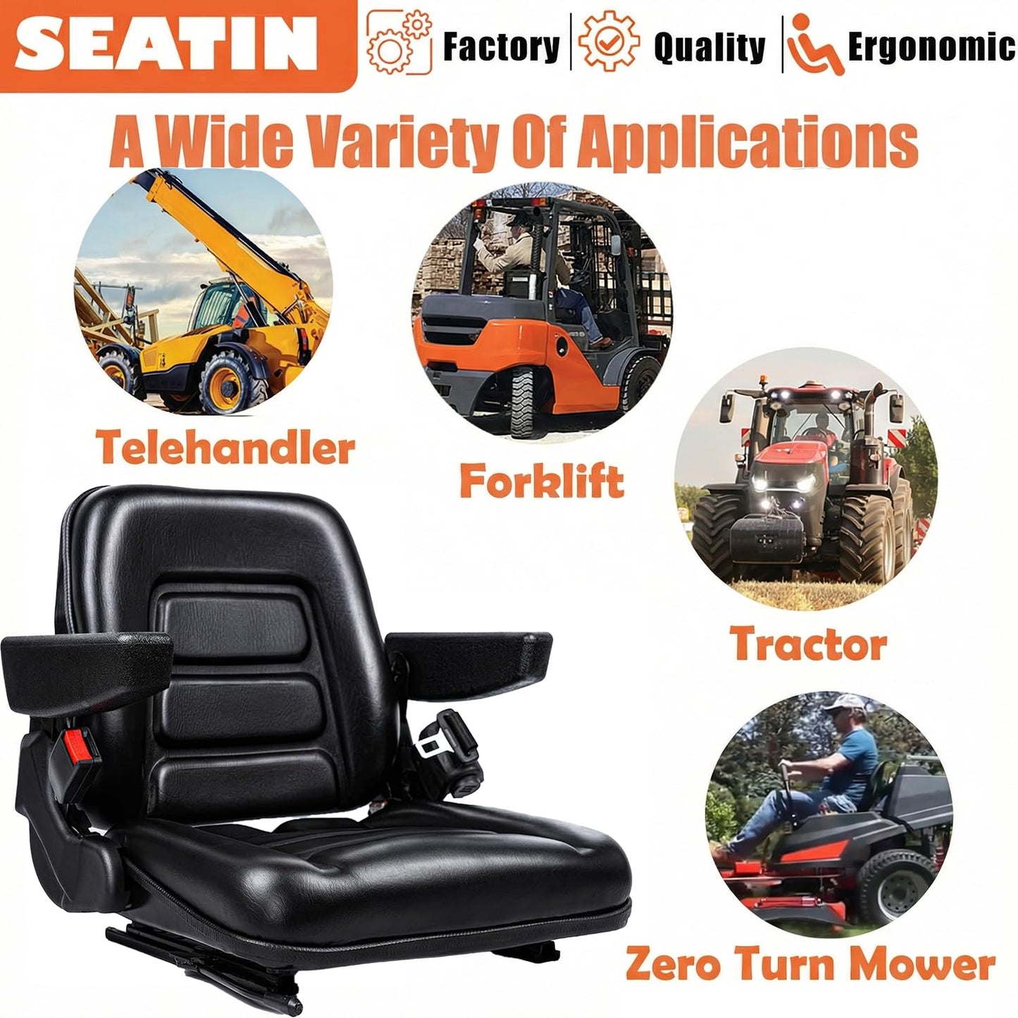 SEATIN Universal Forklift Seat,Tractor Seat with Micro Switch,Armrest and Safety Belt,for Tractor,Mower,Skid Loader,Telehandler,Backhoe,Excavator Dozer