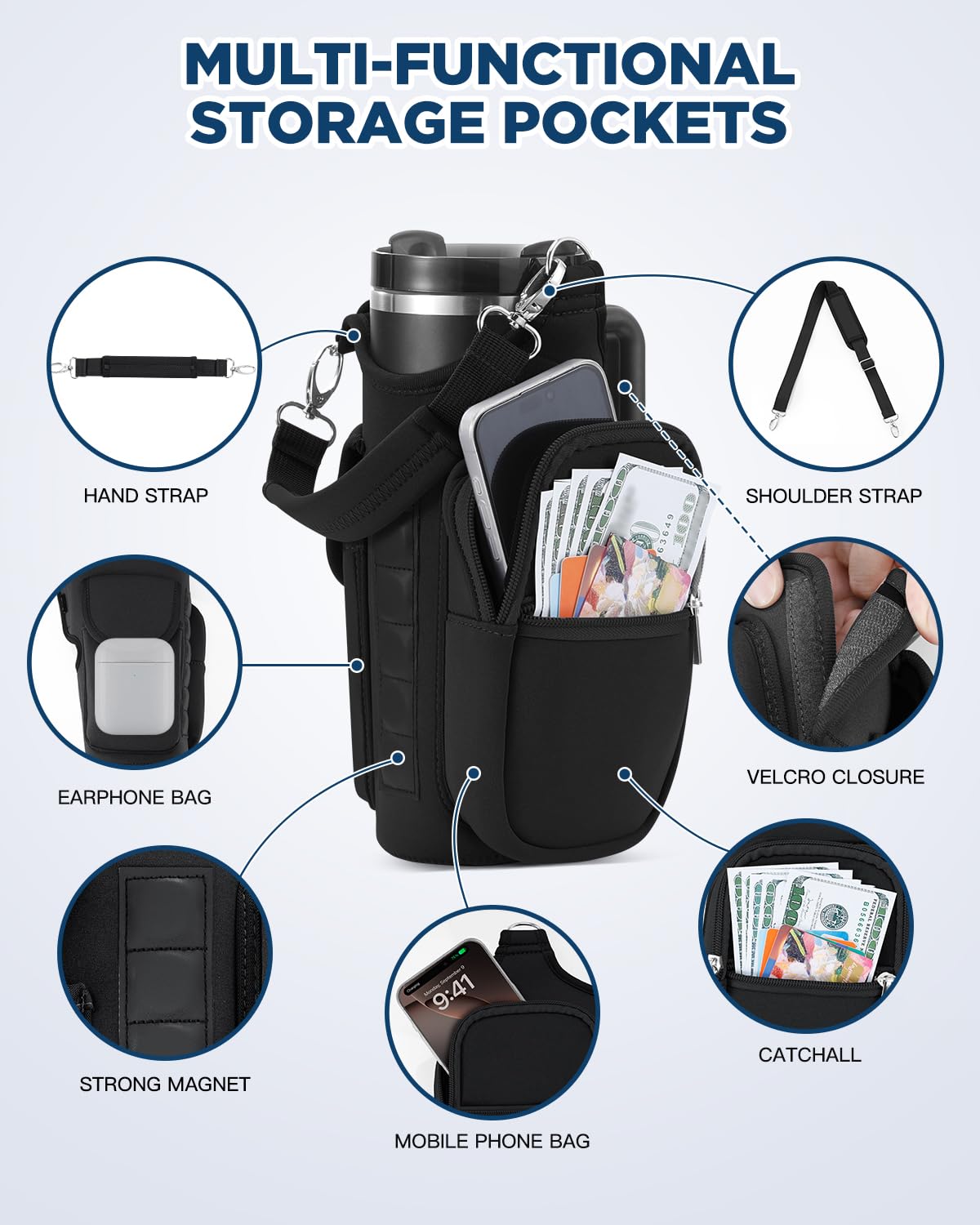 IPOW Magnetic Gym Bag Water Bottle Carrier Holder with Phone Pockets & Shoulder Strap for Men Women,Water Bottle Holder, Gym Pouch, Crossbody Bag for Travel, Sports, Work, Fitness - Black