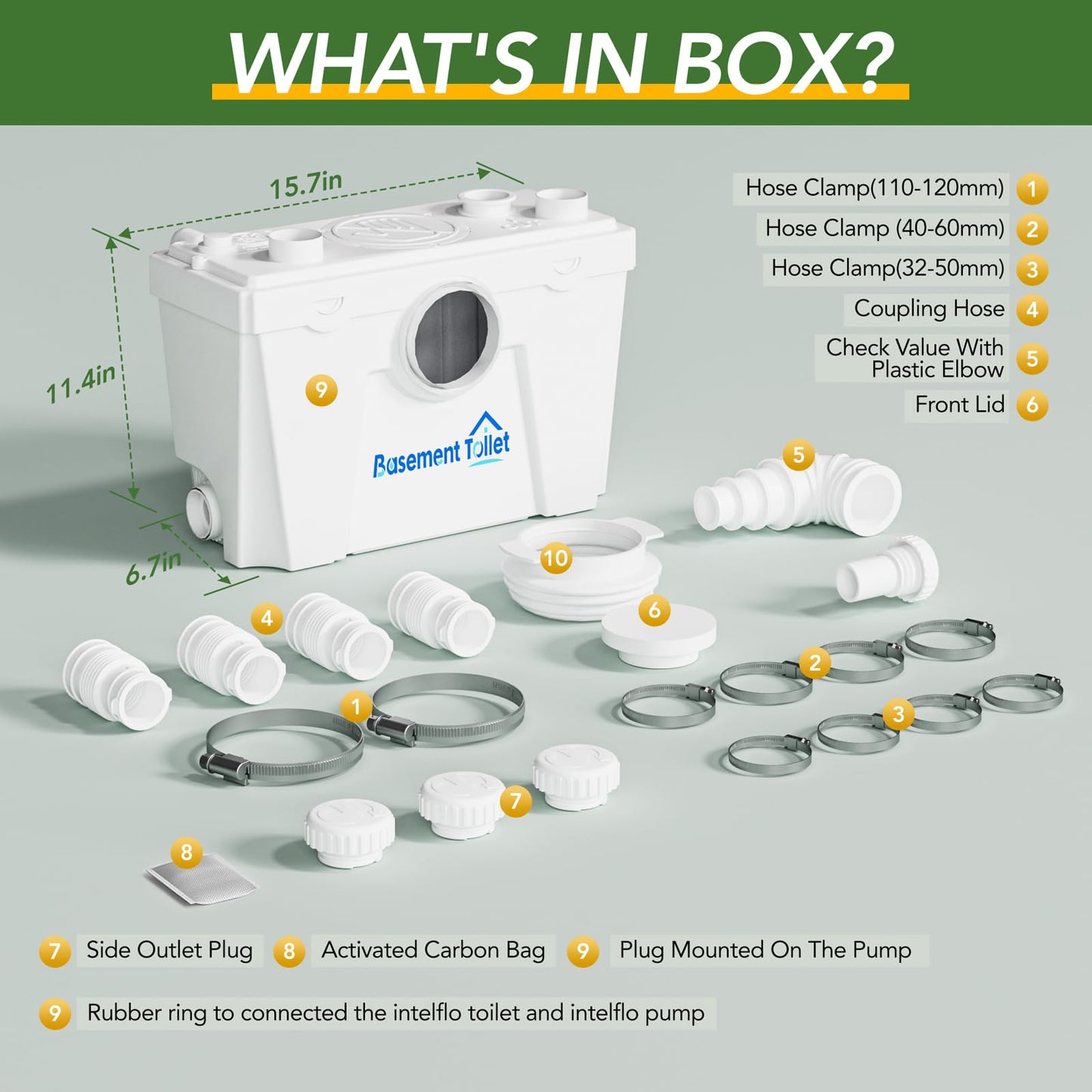 Macerator Pump for Basement Toilets, Sinks, Showers & Laundry – Upflush Pump to 23ft/8 m, 1800GPH with 4 Water Connections, Quiet & Versatile Sewage Solution for Home Bathrooms