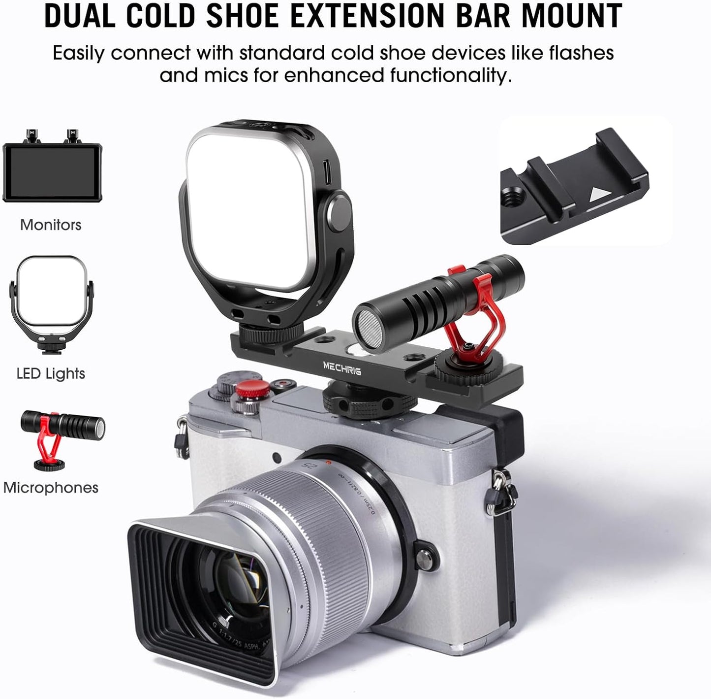 Mechrig 1/4" (62034) Dual Cold Shoe Extension Bar Mount, Aluminum Dual Hot Shoe Mount Bracket with Thread & Cable Slot