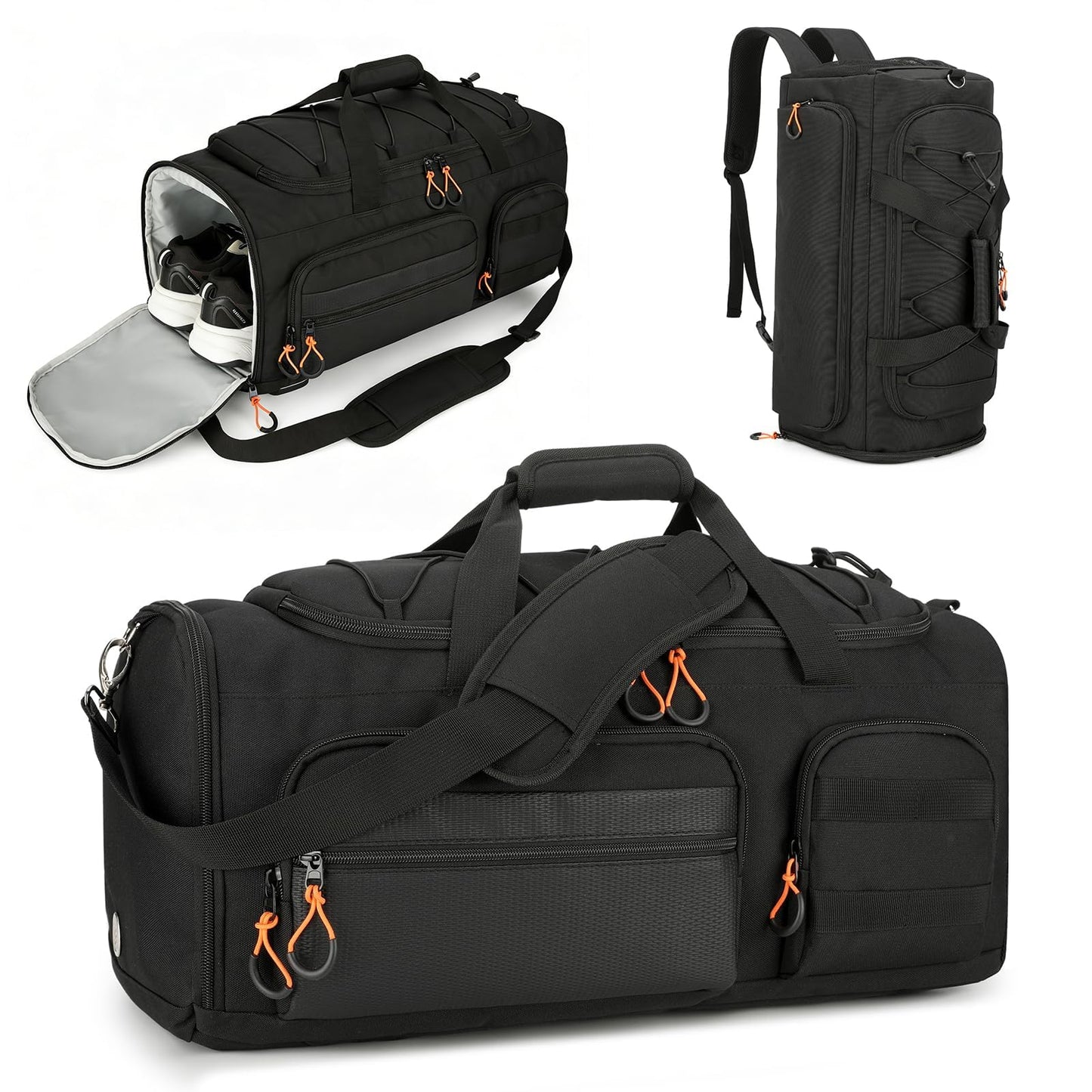 Searock 45L Gym Bag for Men, 3-In-1 Duffle Bag Backpack for Travel, Sports Duffel Bags for Gym Workout, Weekender Overnight Bag with Shoe Compartment, Wet Pocket, Black