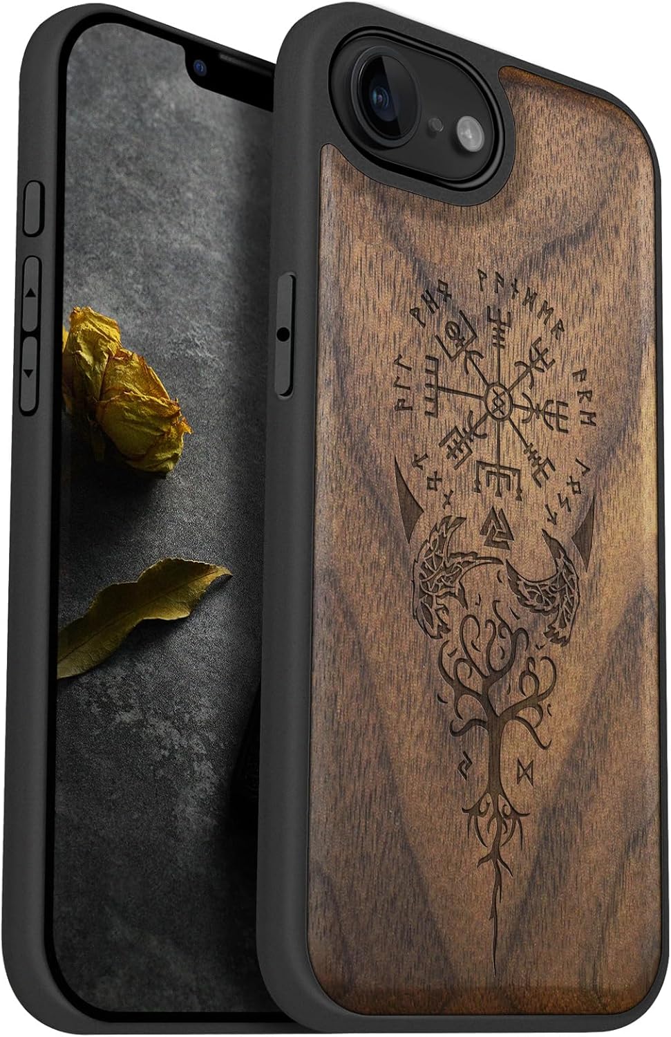 Carveit 16e 17e, Magnetic Wooden Case for iPhone / Solid Wood & Black TPU, Artisan Engraved Design, Shockproof Cover