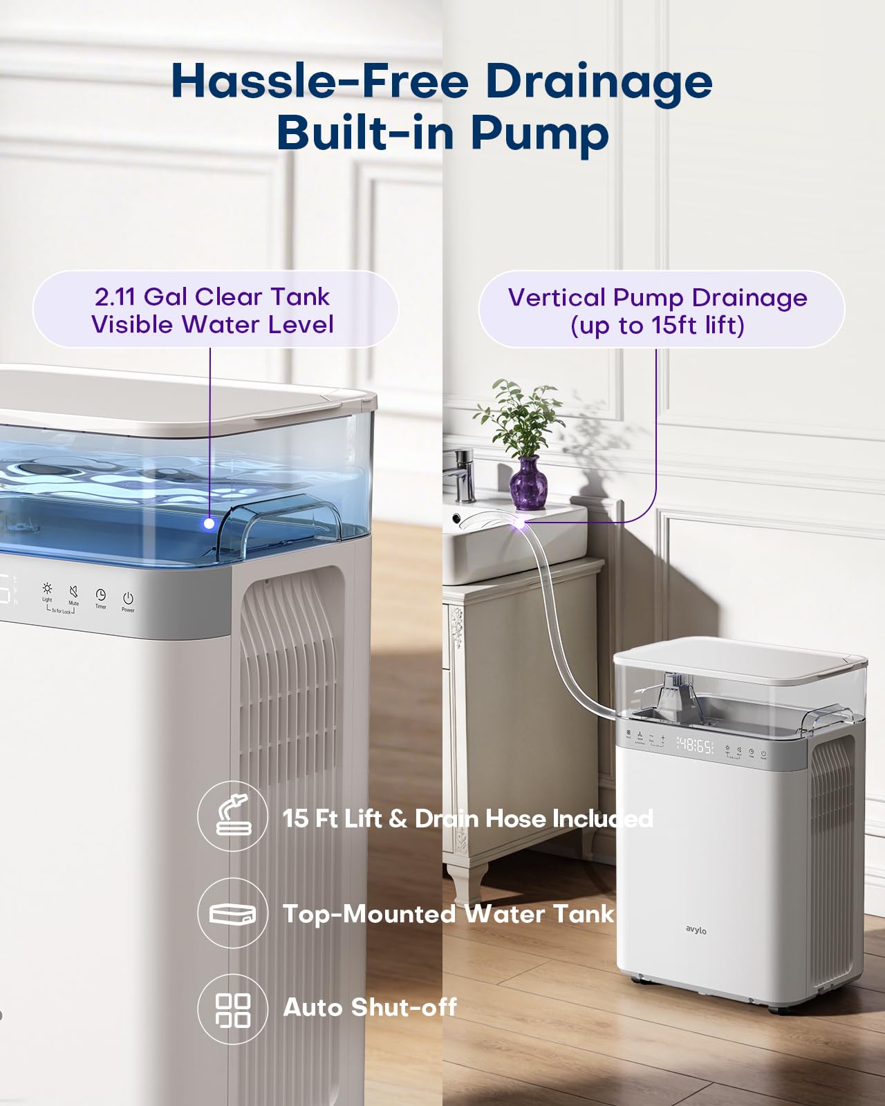 avylo Dehumidifier for Basement with Pump, 2.11 Gallon Top-Mounted Water Tank, Max 90 Pint/D, Energy Star Most Efficient 2025, 4500 Sq.Ft Dehumidifiers for Home with 41dB, Drain Hose, Auto Defrost