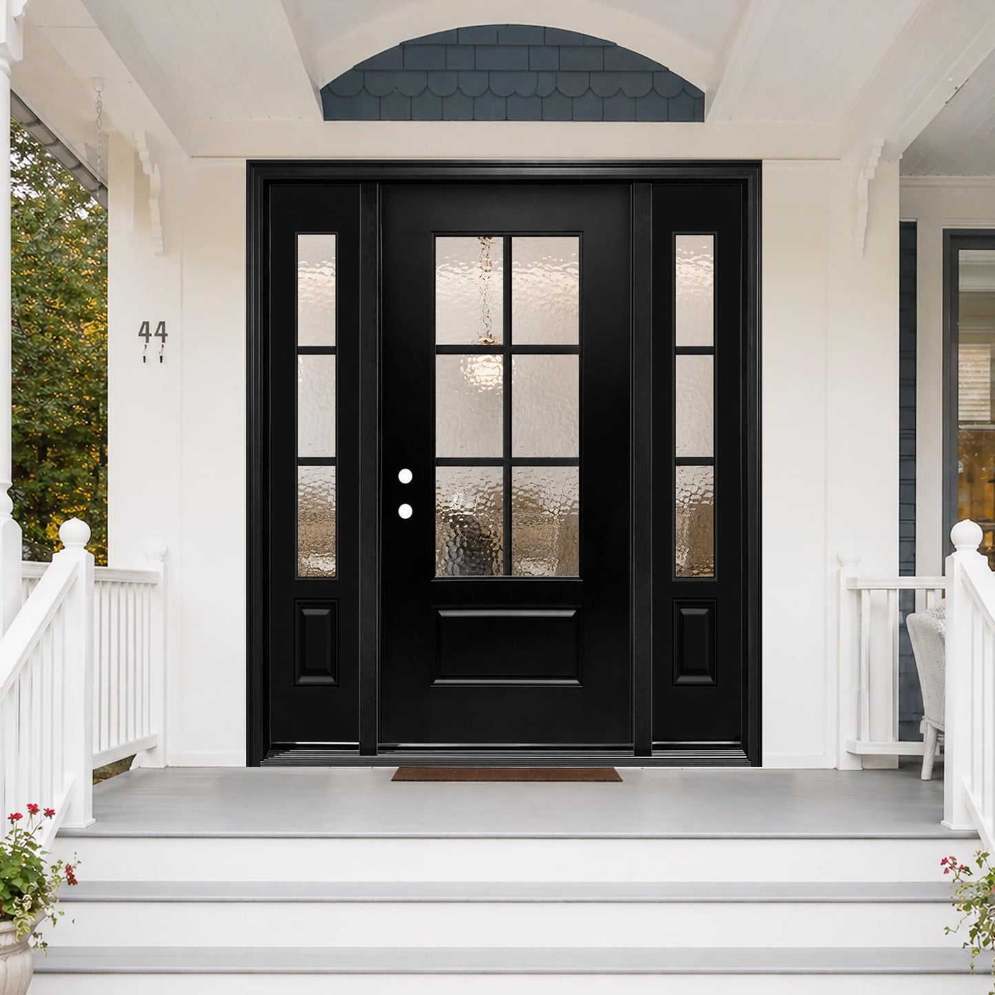 68x96in Fiberglass Front Door with 14in Sidelight, Black Exterior Entry Door for Home, Right-Hand Inswing, Textured Finished with Hammered Glass Knock-Down Door, Vinyl Frame and Brickmould Included