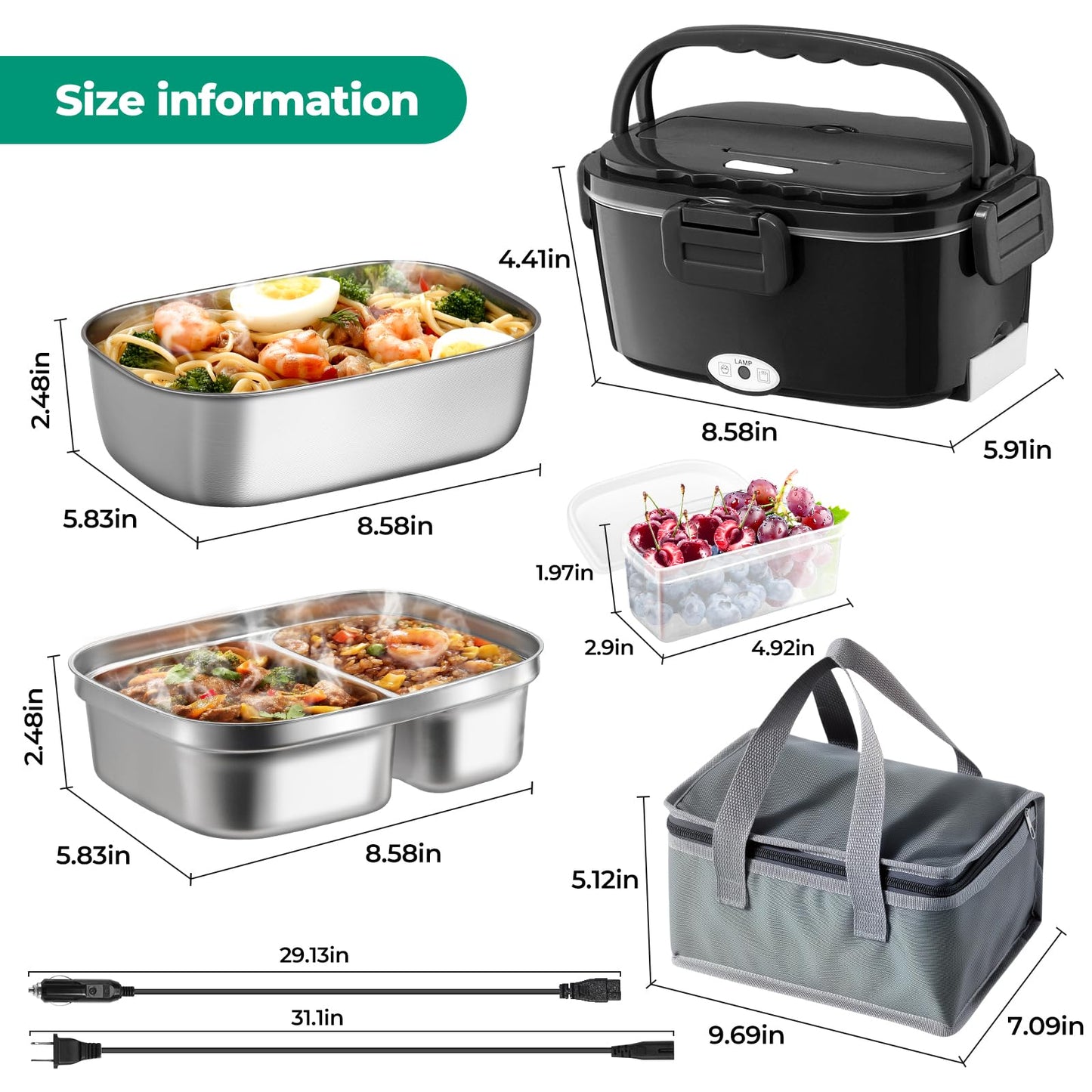 Vidaskeci Electric Lunch Box for Adults 100W Fast Heated Lunch Box for Men Women with Dual 1.5L Stainless Steel Containers Fast Heating Portable Food Warmer 12V/24V/110V Lunch box, Home/Office/Truck