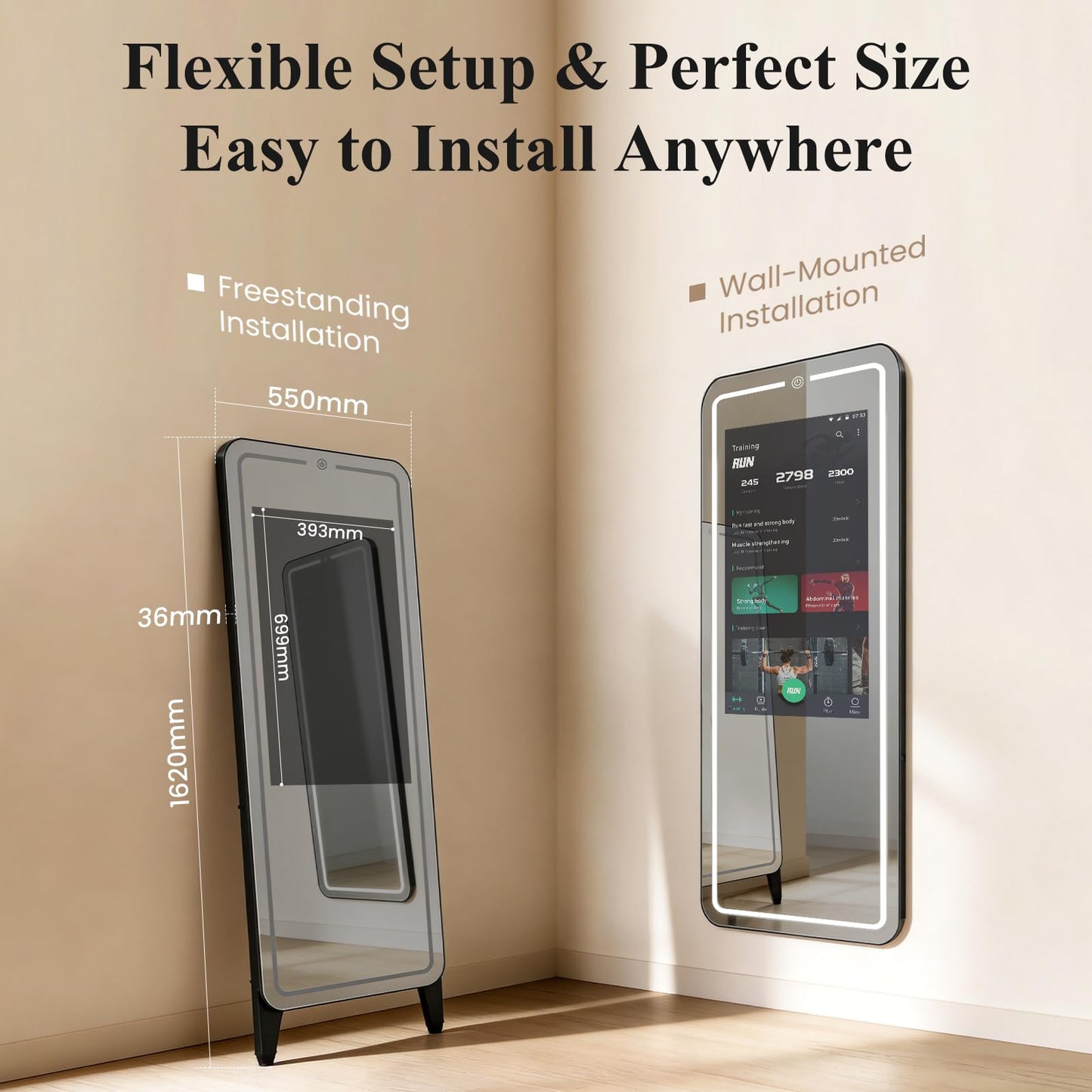 LumaVue Smart Fitness Mirror for Home Gym Workout, 32" Touchscreen & Open System, No Subscription Fees, Support Fitness Apps, Wall Mount & Free Standing, Can be Used with Home Workout Equipment