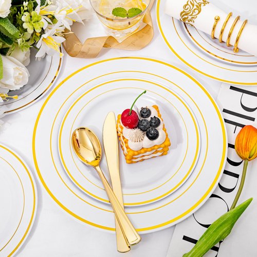 I00000 350Pcs Gold Dinnerware Set for 50 Guests, Gold Plastic Plates for Party, Include: 100 Disposable Plastic Plates, 50 Paper Napkins, 50 Cups, 50 Silverware Set Perfect for Party & Wedding