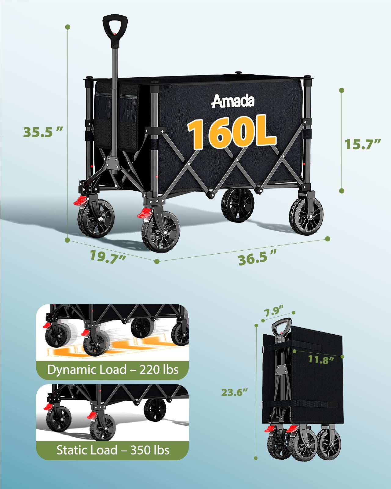 Collapsible Wagon Cart, Foldable Lightweight Wagon Folding Carts with Wheels - Outdoor Utility Carts with 360LBS Max Load for Grocery, Camping, Shopping, Sports, Garden，Beach