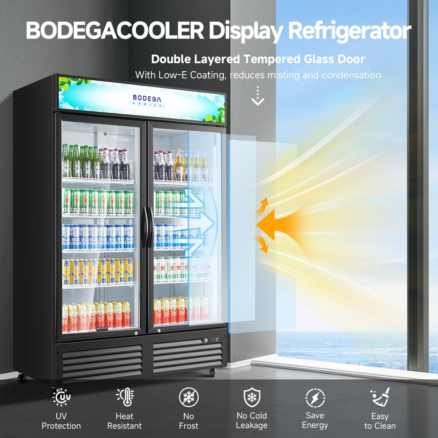 BODEGACOOLER Commercial Merchandiser Refrigerator, 40 Cu.Ft Double Glass Door Beverage Cooler, Upright Display Refrigerator with Soft LED Light, Adjustable Shelves, 4 Heavy-Duty Casters, Black