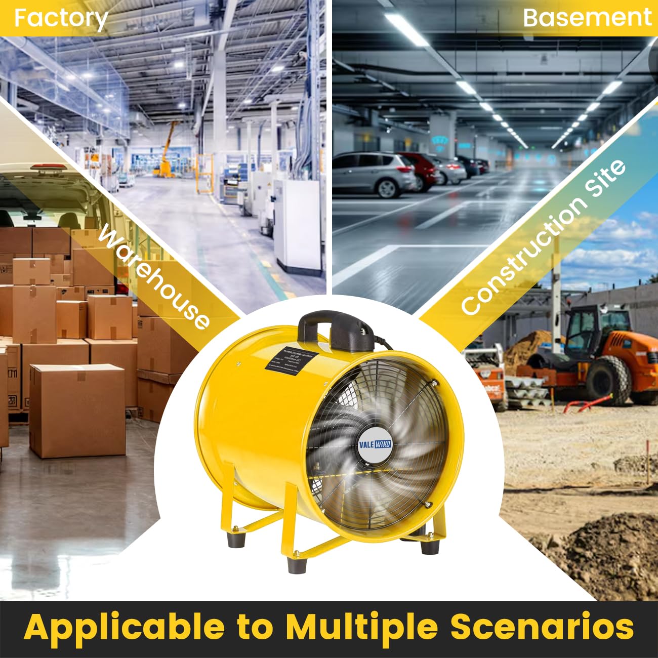 Valewind Heavy Duty Air Mover Portable Ventilation Fan 8Inch, 230W Exhaust Fan with 16.4ft Flexible Duct, 3500RPM Overheat Protection Cylinder Axial Fan, Industrial Portable Air Blower/Exhaust, Yellow