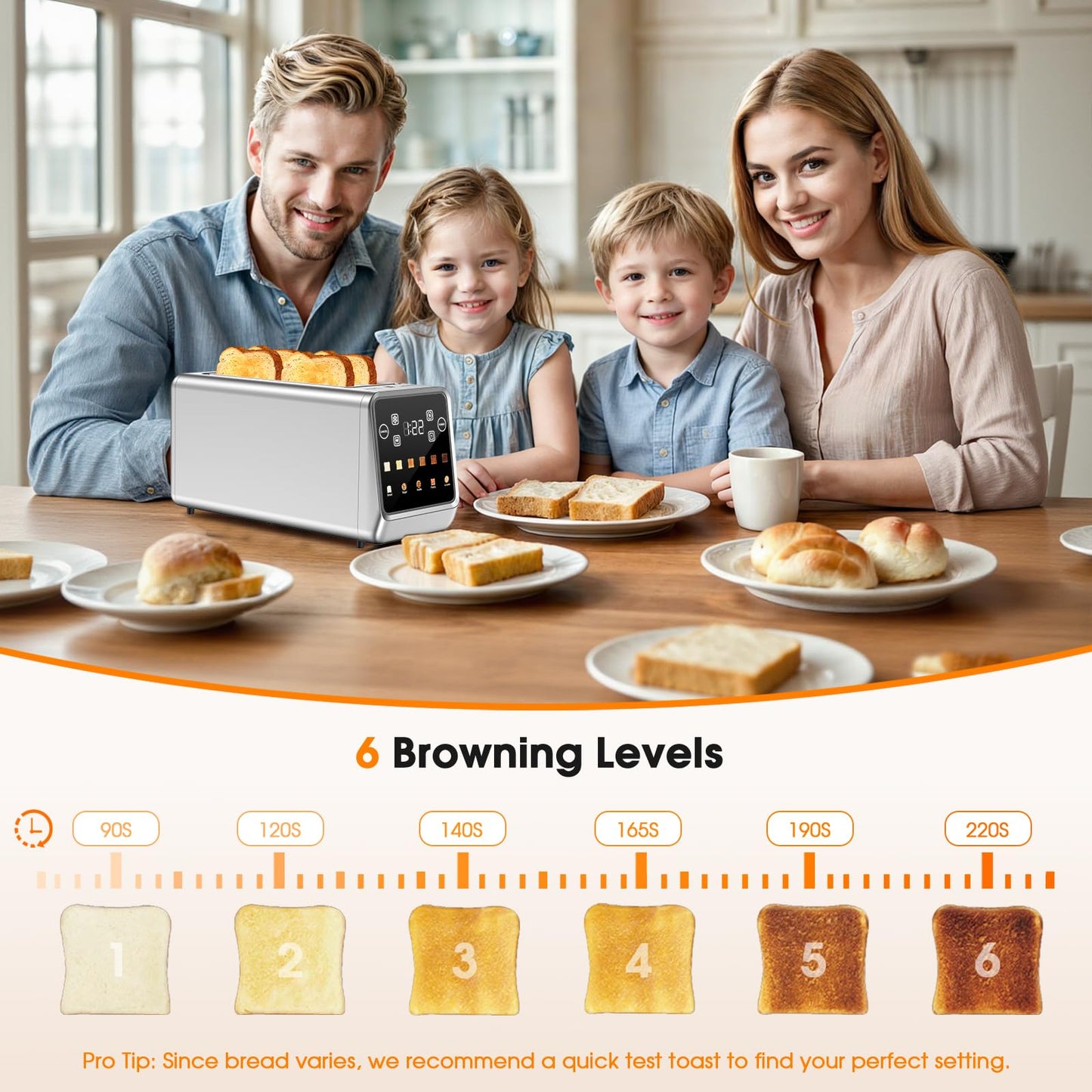 Smart 4-Slice Toaster, 75° Touchscreen with Digital Timer & Even-Heat Tech, Extra-Wide Slots for Bagels & Thick Bread, 6 Browning Levels, Defrost/Reheat, Single-Slot Energy Saving