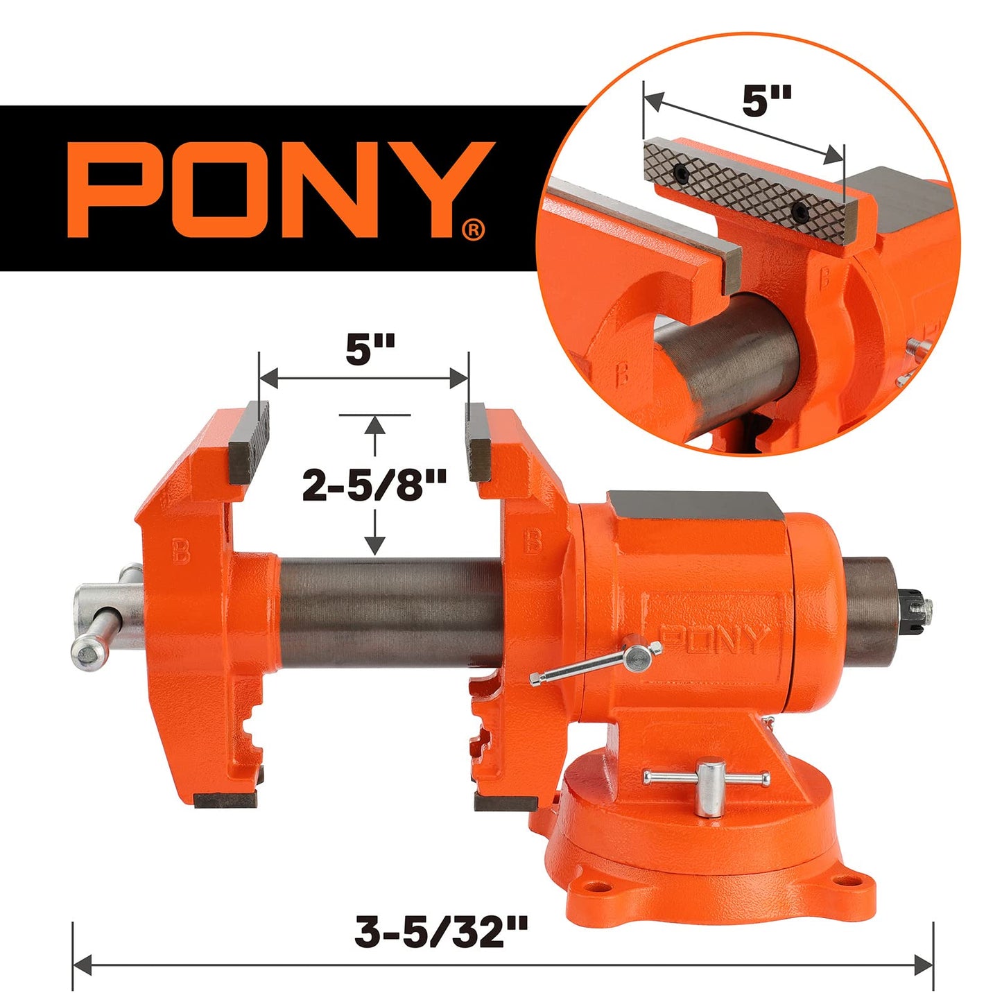 PONY Heavy Duty Bench Vise, 5-inch Jaw Width and Opening, 360-Degree Swivel Base With Anvil, Utility Combination Pipe Home Vise for Woodworking, One-Pair Vise Jaw Pad Included