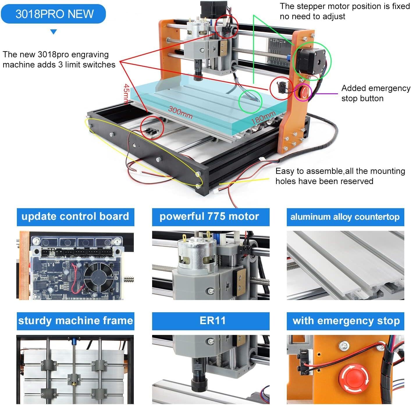 CNCTOPBAOS Upgrade 3018-PRO CNC Router Kit,with GRBL Offline Controller,with 3 Axis Limit Switches,Emergency Stop,DIY Mini Desktop Cutting Wood Acrylic PVC PCB Engraving Milling Machine