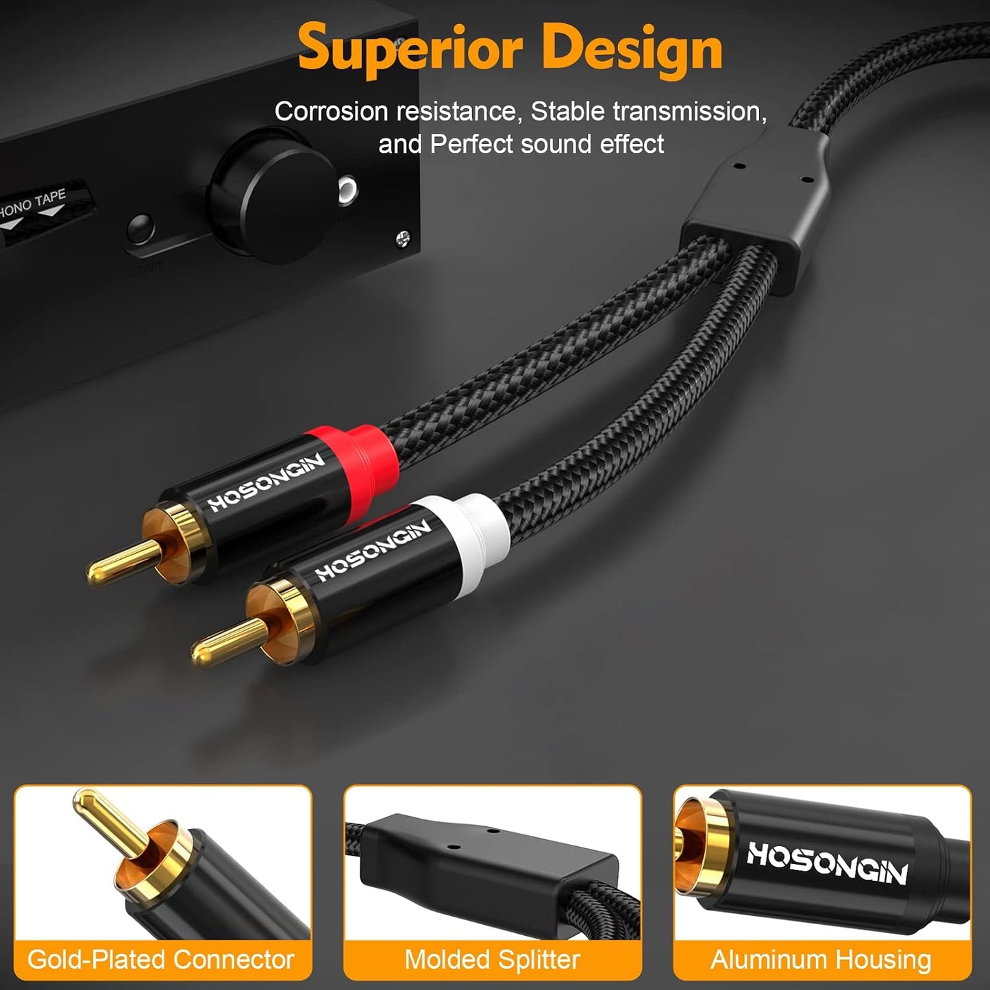 3.3ft 2 Pack[Hi-Fi 2-Male 2-Male HOSONGIN RCA Cables Sound, Nylon Braided, Shielded], to RCA Audio Stereo Subwoofer