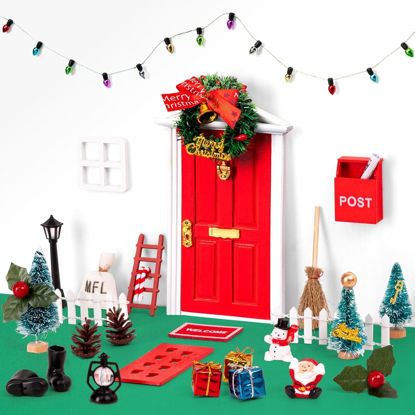 Skiennix Christmas Elf Fairy Door Kit - 31Pcs Miniature Wooden Garden Decorations (Red)