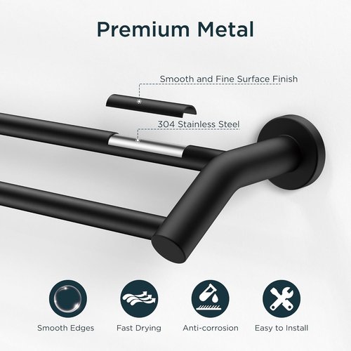 FORIOUS 24-Inch Double Towel Bar - Heavy Duty SUS304 Stainless Steel | Space-Saving Matte Black Design