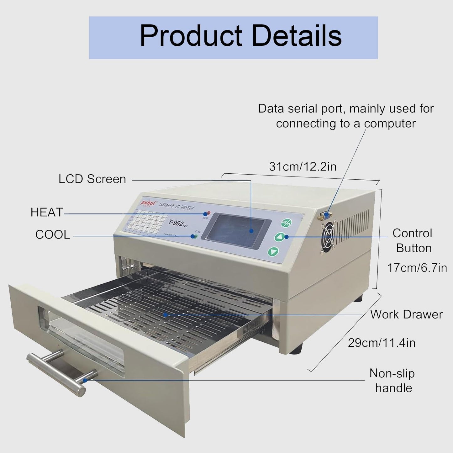 800W Reflow Oven,T-962 Reflow Soldering Station, PCB Board SMD SMT BGA Rework Station Tool With Hot Air Circulation Reflow Oven