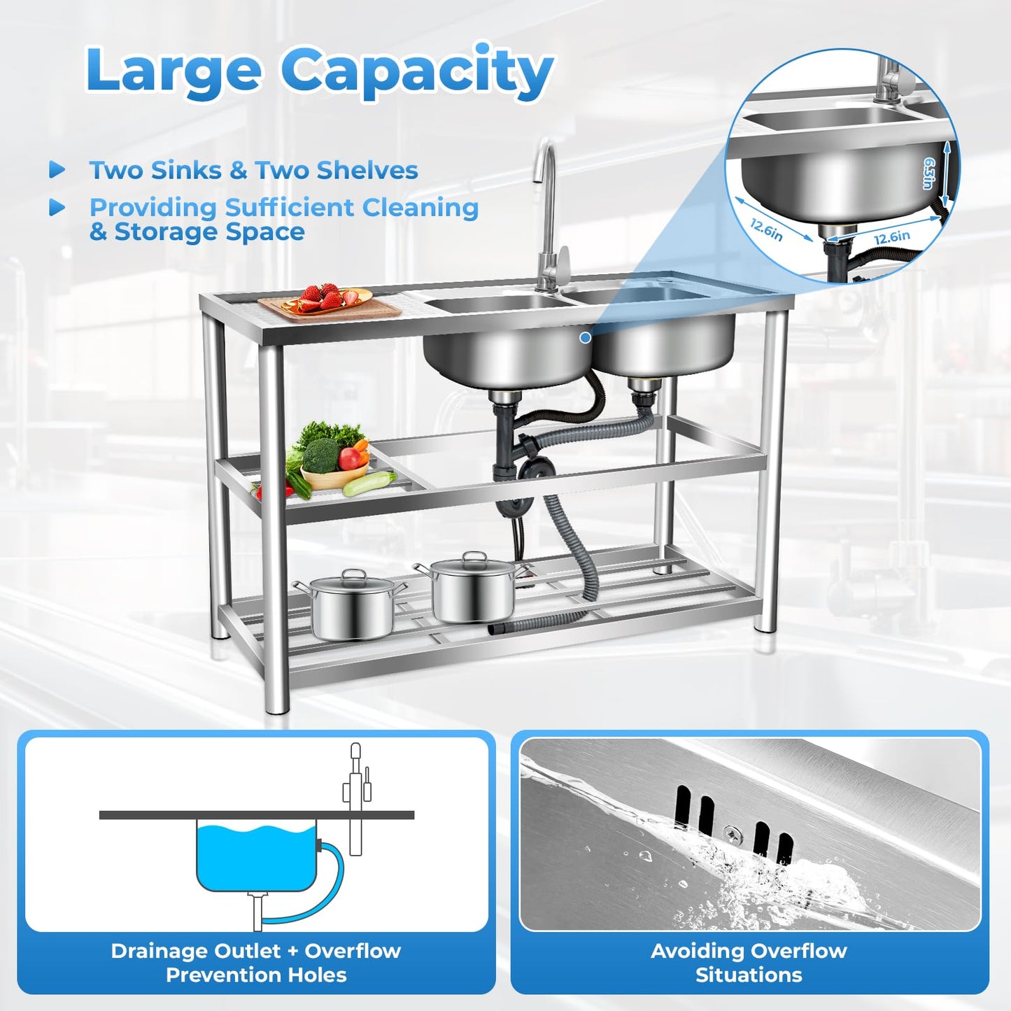 3 Compartment Commercial Grade Stainless Steel Utility Sink, Free Standing Laundry Tub with 2 Faucetse, 39x18x35.8 Inch Heavy Duty Kitchen Sink for Restaurant, Bar, Coffee Shop (2 Sink-2)