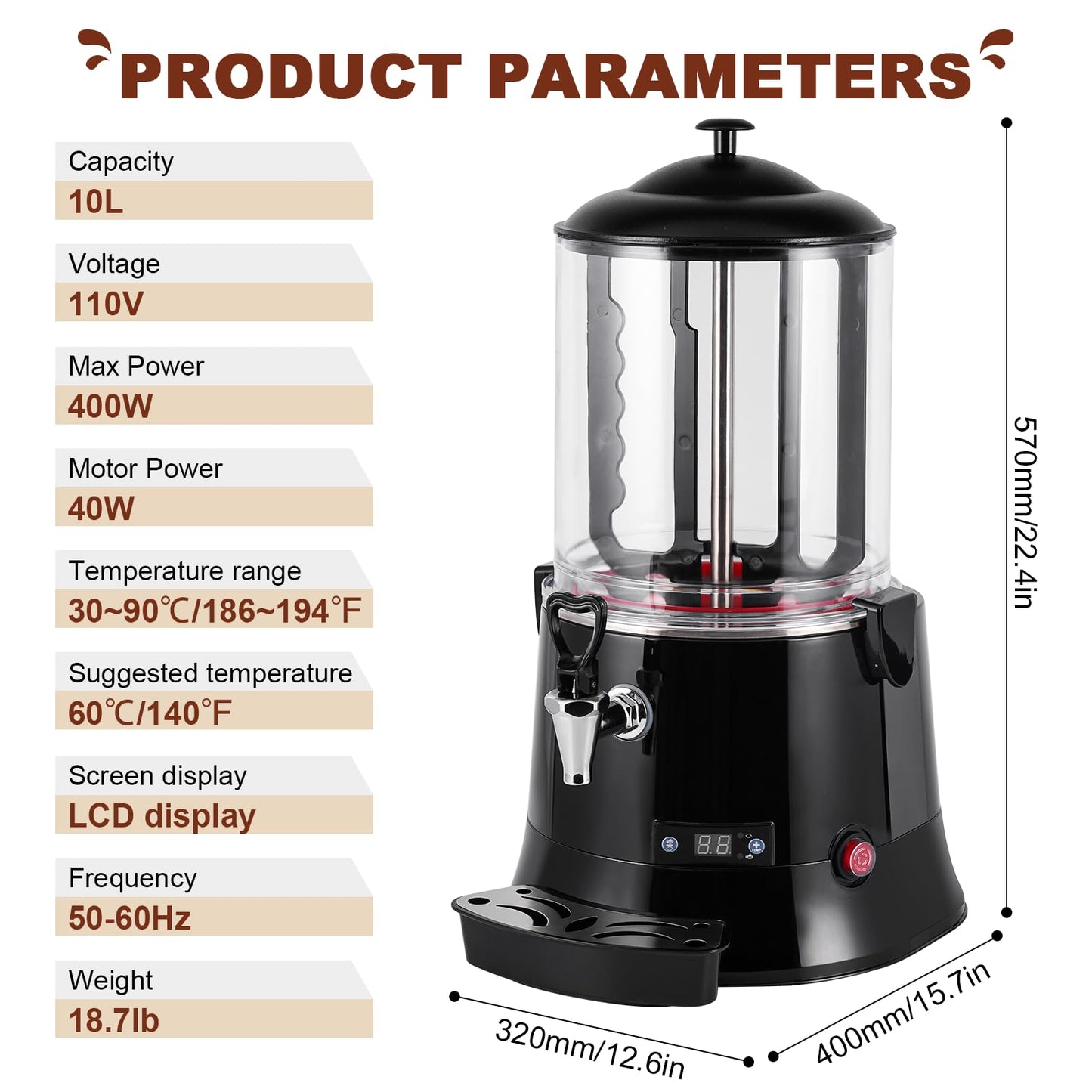 YUCHENGTECH 10L Commercial Hot Chocolate Machine Maker and Dispenser - Beverage Warmer for Heating Coffee, Milktea - CE Certification (110V)