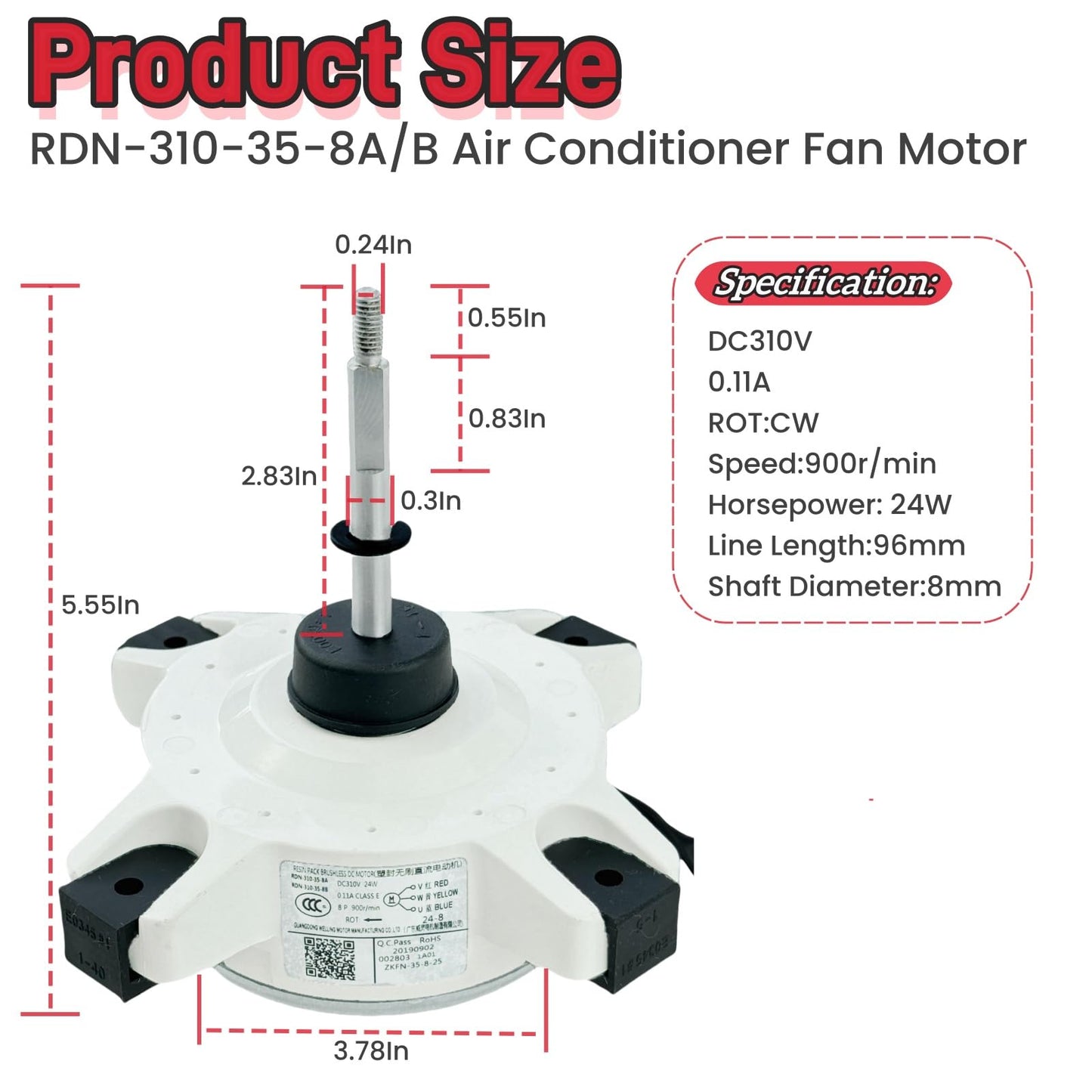 RDN-310-35-8A/B Air Conditioner Fan Motor Brushless DC Motor DC310V 24W 0.11A 900r/min Compatible for AUX Air Conditioner，External Fan Motor Replacement