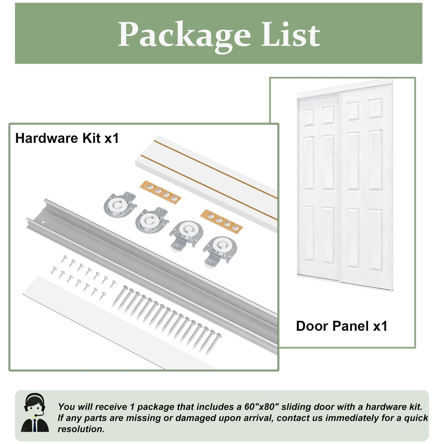ARKHJEM Sliding Closet Door 60"(Double 31") x80, Raised Textured 6-Panel Hollow Core Bypass Closet Doors, Preassembled White Primed Paintable Door Panels with Top & Bottom Track Hardware Kit