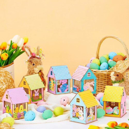 Jenaai 24 Sets Easter Wooden House Crafts - DIY 3D Bunny Village Decor for Spring Celebrations