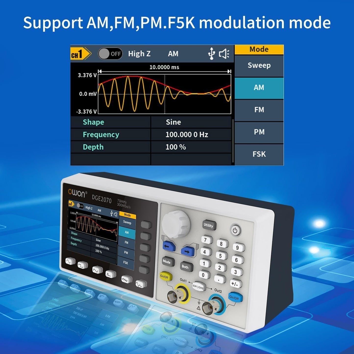 OWON DGE2070 70MHz Dual Channel Arbitrary Waveform Generator, 300MSa/s Sampling Rate, 14-Bit Resolution, 150 Built-in Waveforms, 3.6” LCD, Portable Signal Generator for Lab & Electronics Testing
