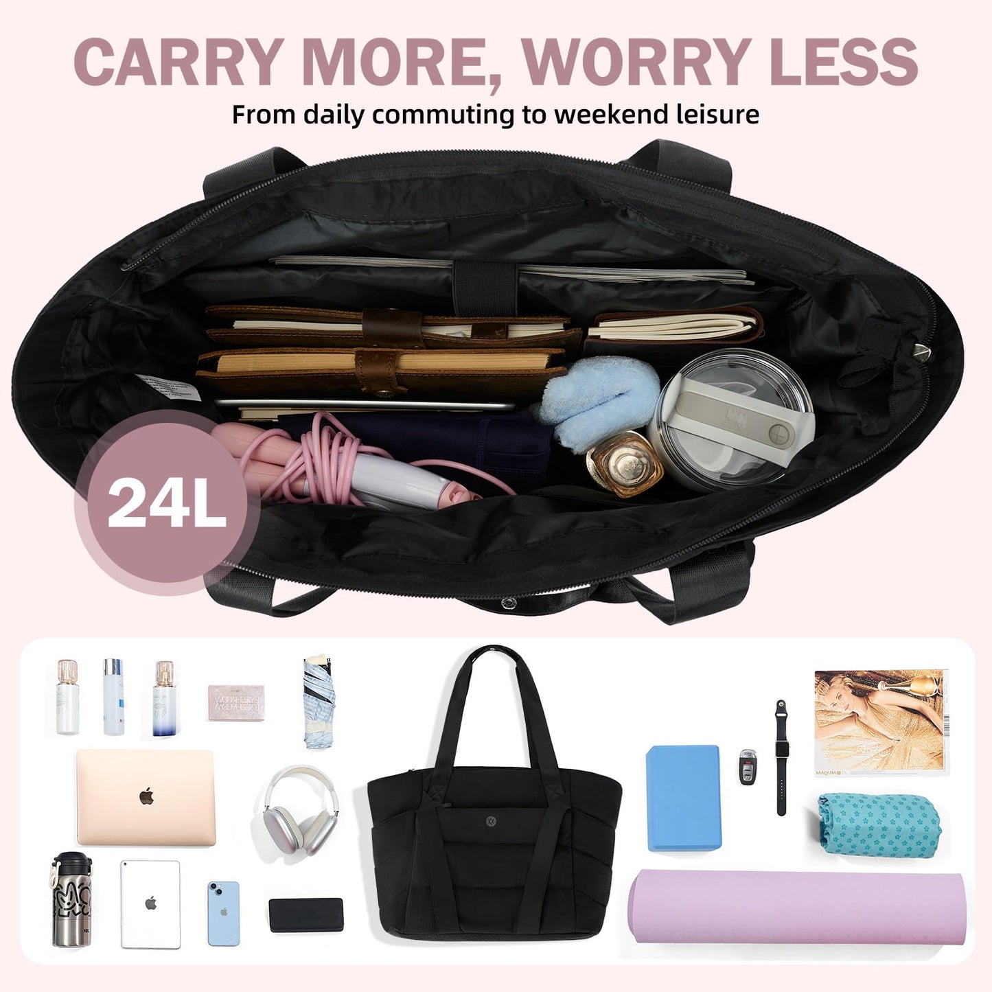 Axcone Cute Yoga Mat Bag Carrier, Pilates Bag for Women, Yoga Tote with Luggage Sleeve & Mat Straps - Gym Work Bag Travel Black