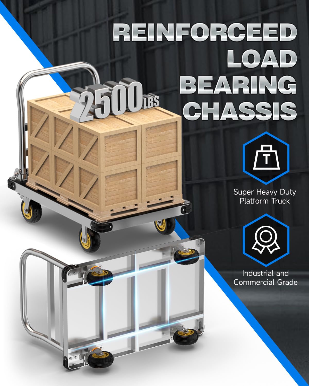 44"x28" Heavy Duty Platform Truck 2500LBS Capacity | 2mm Steel Deck + 3mm Anti-Slip Mat | Foldable Handles & Reinforced Chassis | Industrial Flat Dolly Cart for Warehouses, Factories, Garages