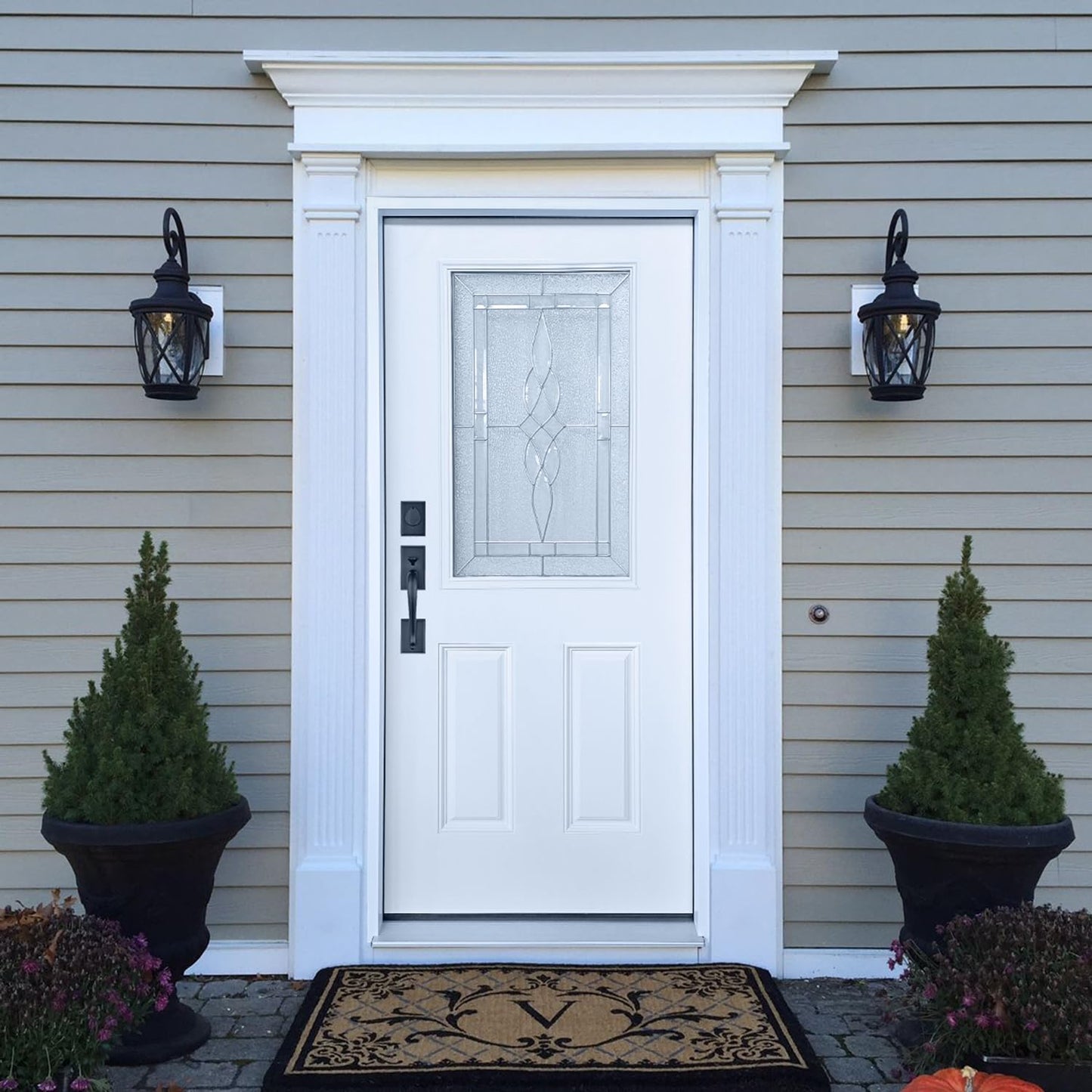 36x80 Fiberglass Prehung Exterior Door, Half Lite 2-Panel Frosted Glass Front Entry Door with Brickmould, White Primed (Right Hand Inswing)