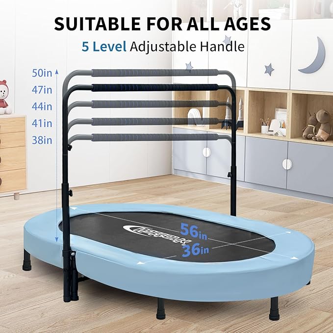 Nattork 56" Kids Trampoline Indoor, Double Trampoline with Adjustable Handle for Kids, Indoor/Outdoor Foldable Jumper, Max Load 220lbs