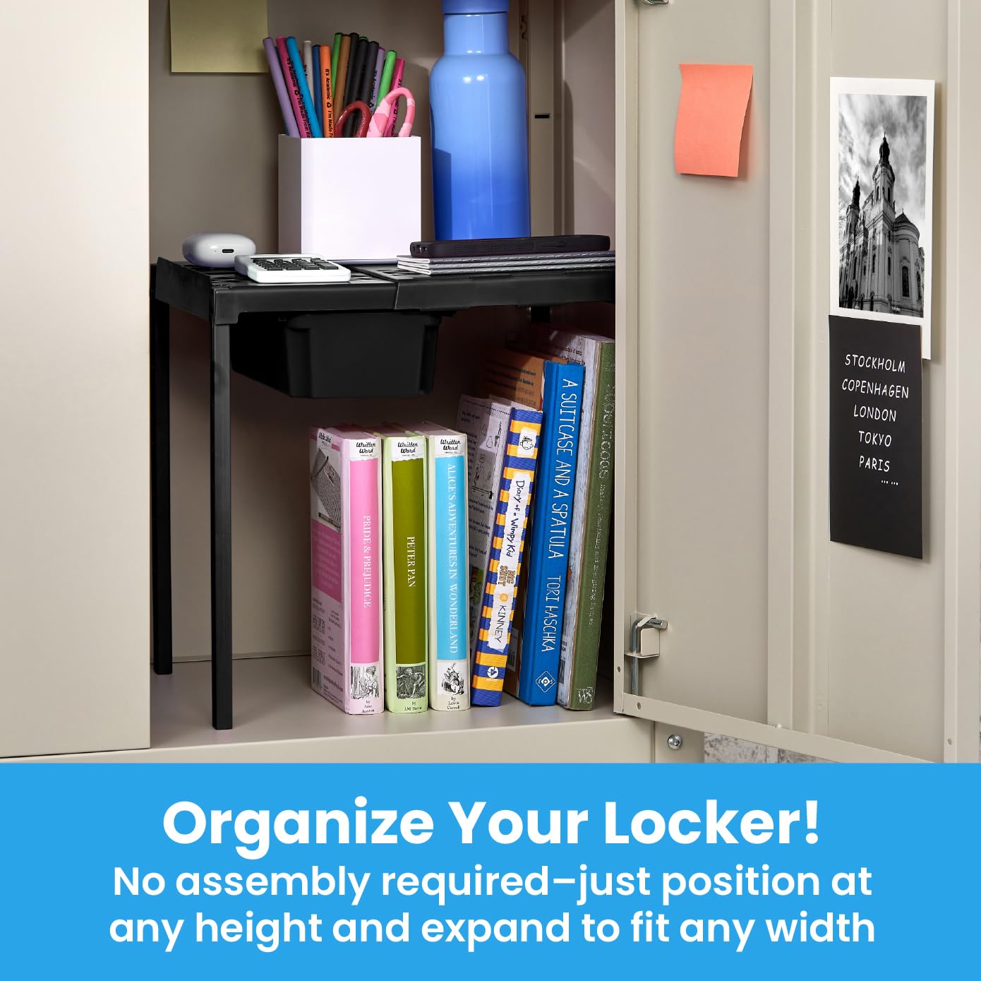 LockerMate Adjust-A-Shelf Locker Shelf & Organizer, Extends to Fit Your Locker, Includes Storage Drawer, Black