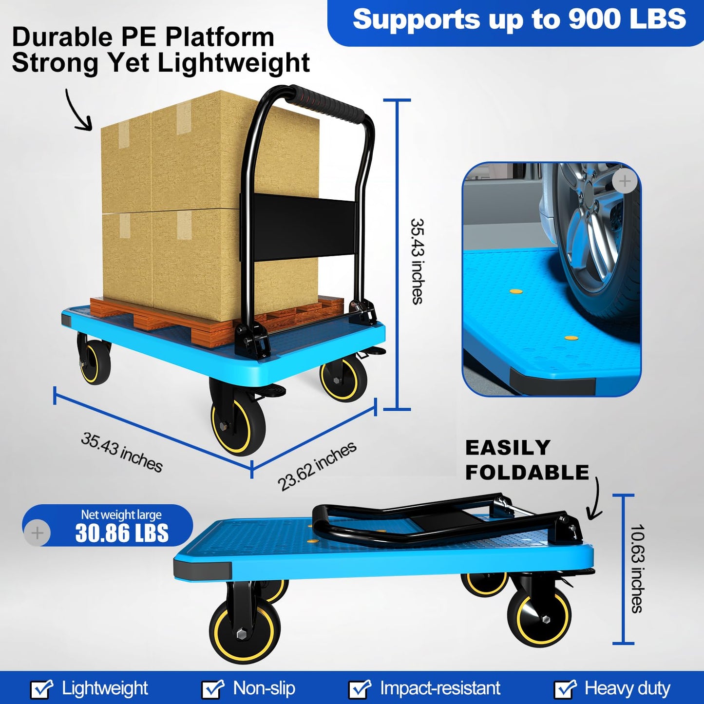 WUD Foldable Hand-Push Platform Truck with Brake, 360-Degree Swivel Wheels, 35.4”L x 23.6”W, 880 lb Load Capacity, Suitable for Luggage, Travel, Moving, Shopping, Office, Home Garden, Blue
