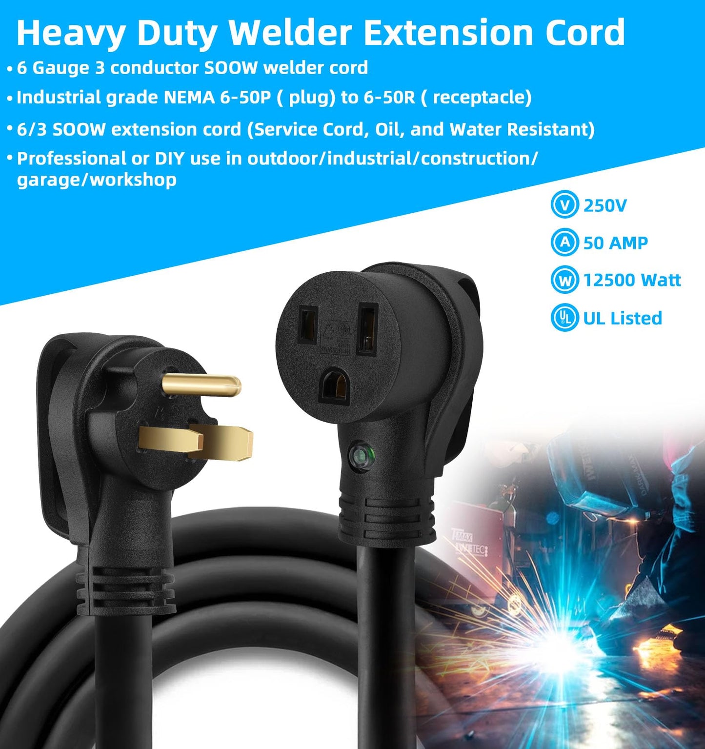 6/3 Welder Extension Cord 50 Amp SOOW Weld Cord 6 AWG Power Cable,250V NEMA 6-50 Heavy Duty Welding Cable 6 Gauge Power Extension Cord for Welding Machine MIG/TIG/Stick,Plasma Cutter,Car Charger-50ft